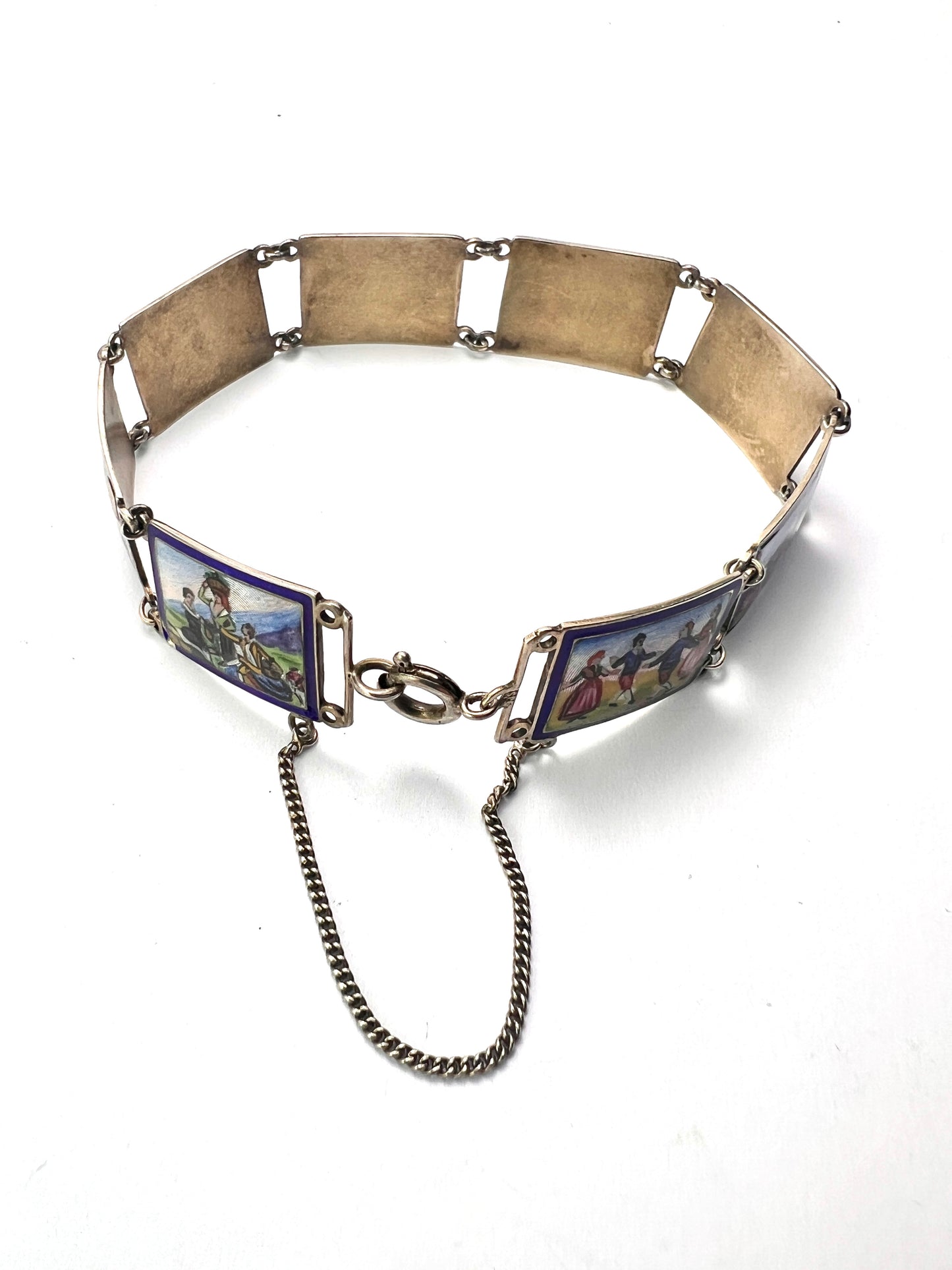 Vintage Hand Painted Enamel Miniature Silver Panel Bracelet
