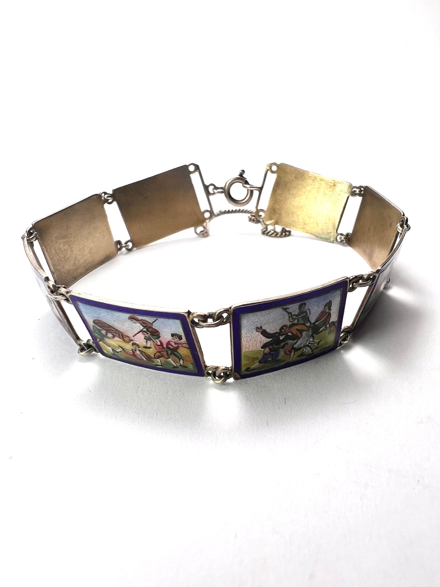 Vintage Hand Painted Enamel Miniature Silver Panel Bracelet