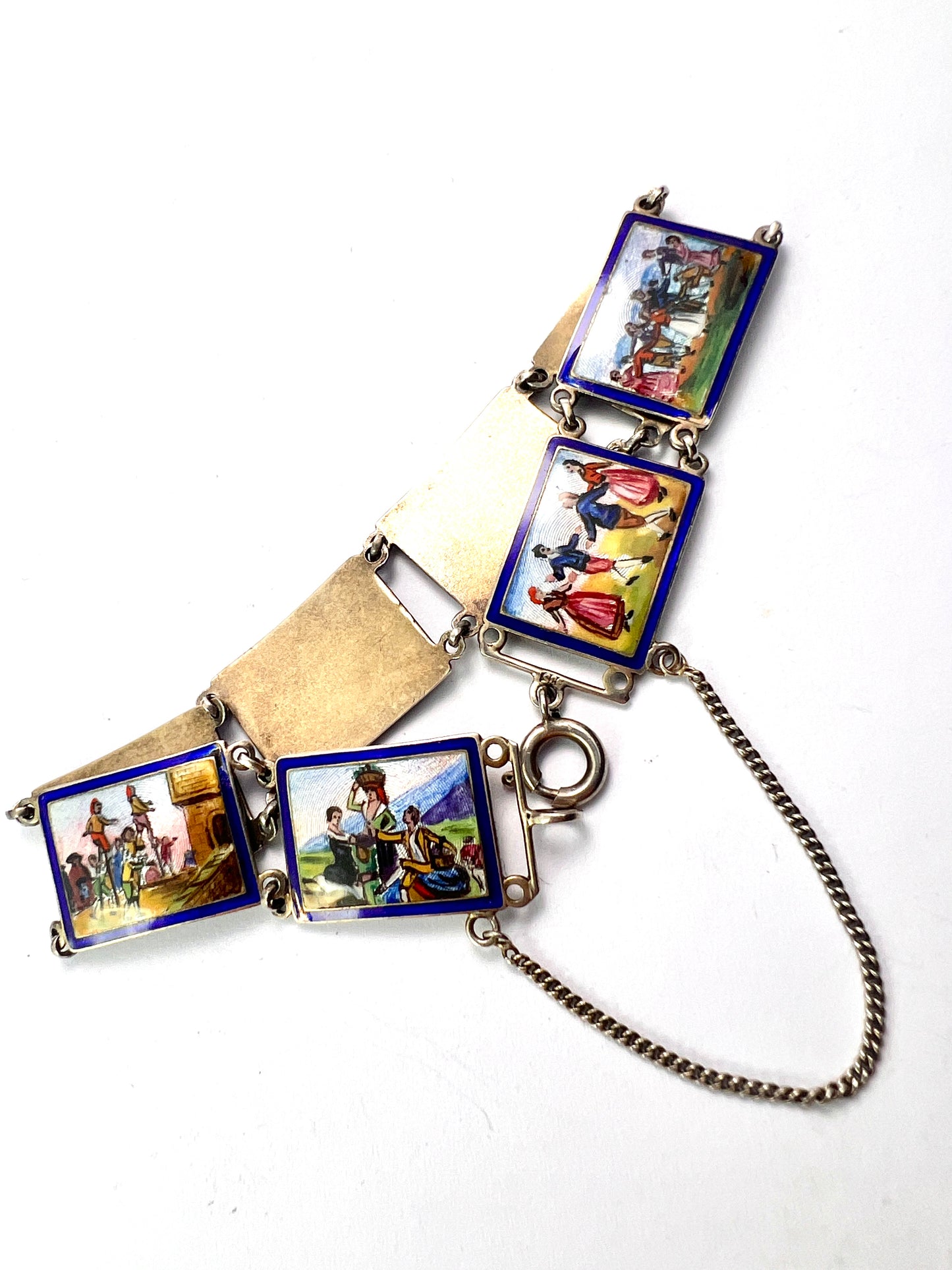 Vintage Hand Painted Enamel Miniature Silver Panel Bracelet
