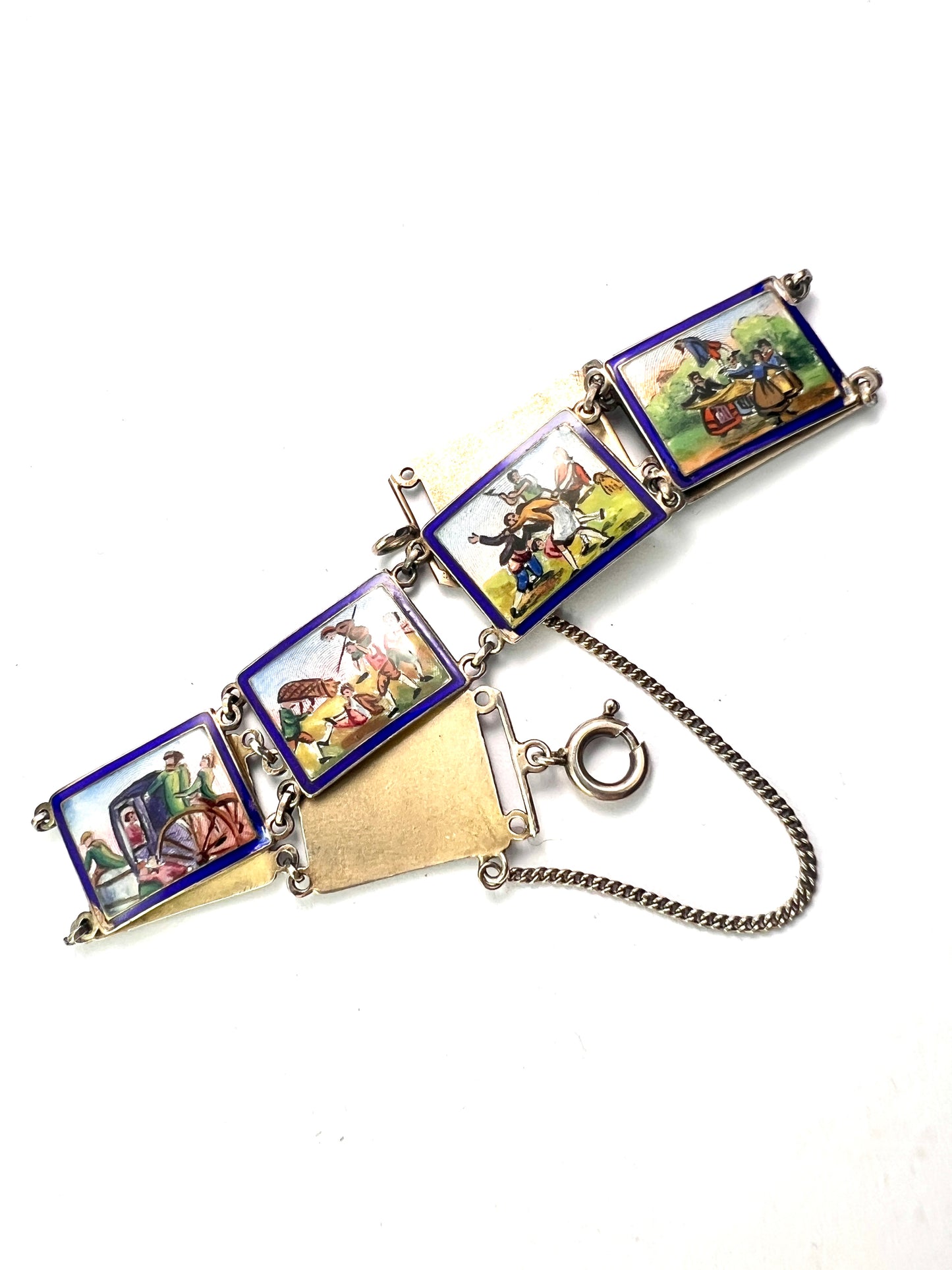 Vintage Hand Painted Enamel Miniature Silver Panel Bracelet