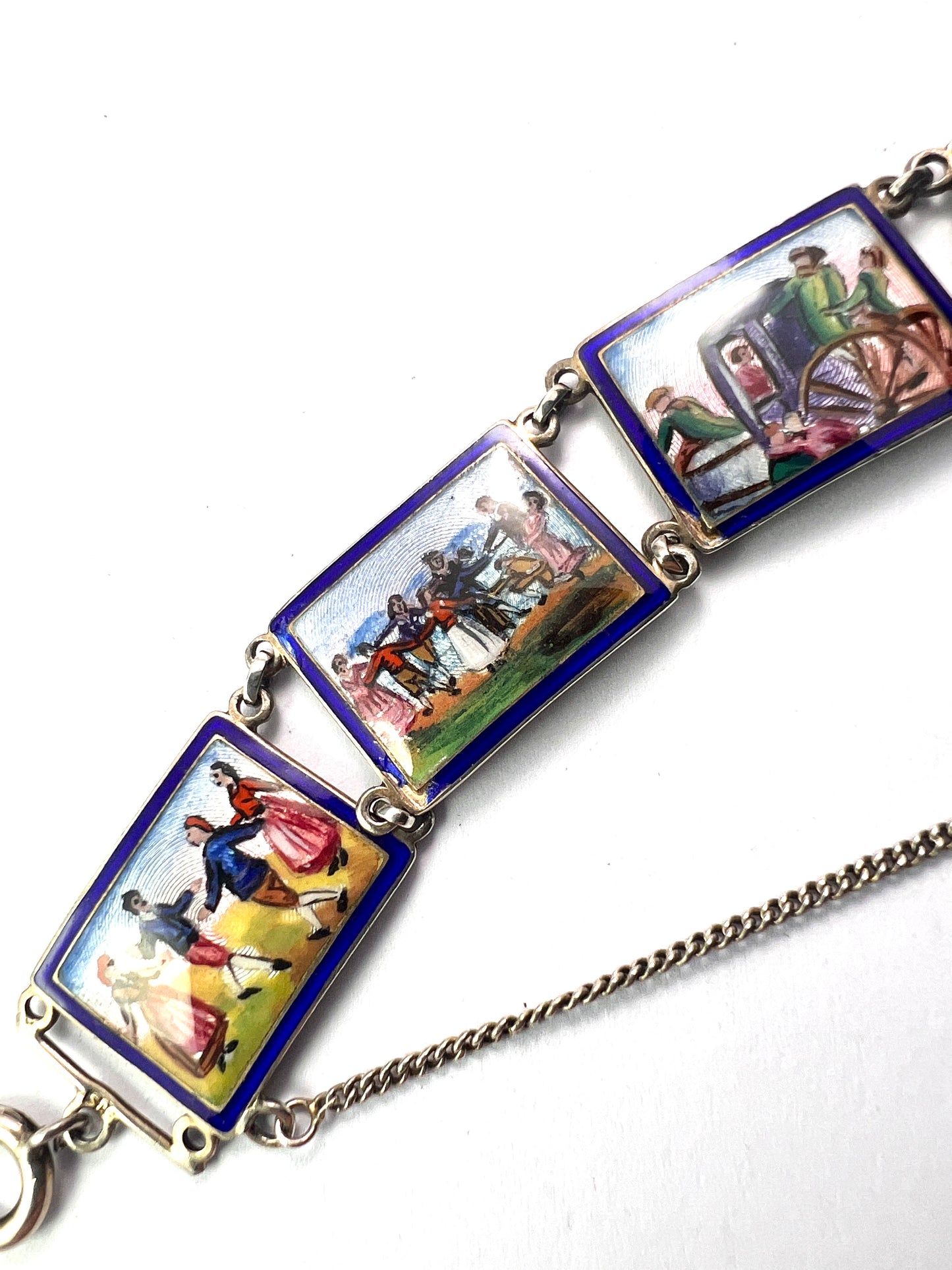 Vintage Hand Painted Enamel Miniature Silver Panel Bracelet