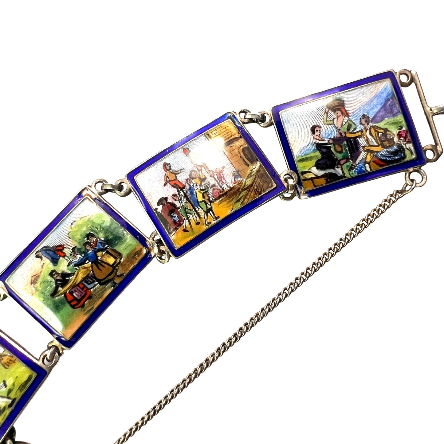 Vintage Hand Painted Enamel Miniature Silver Panel Bracelet