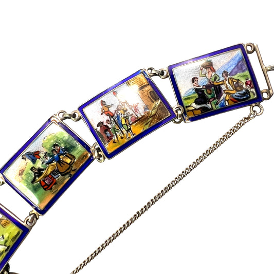Vintage Hand Painted Enamel Miniature Silver Panel Bracelet