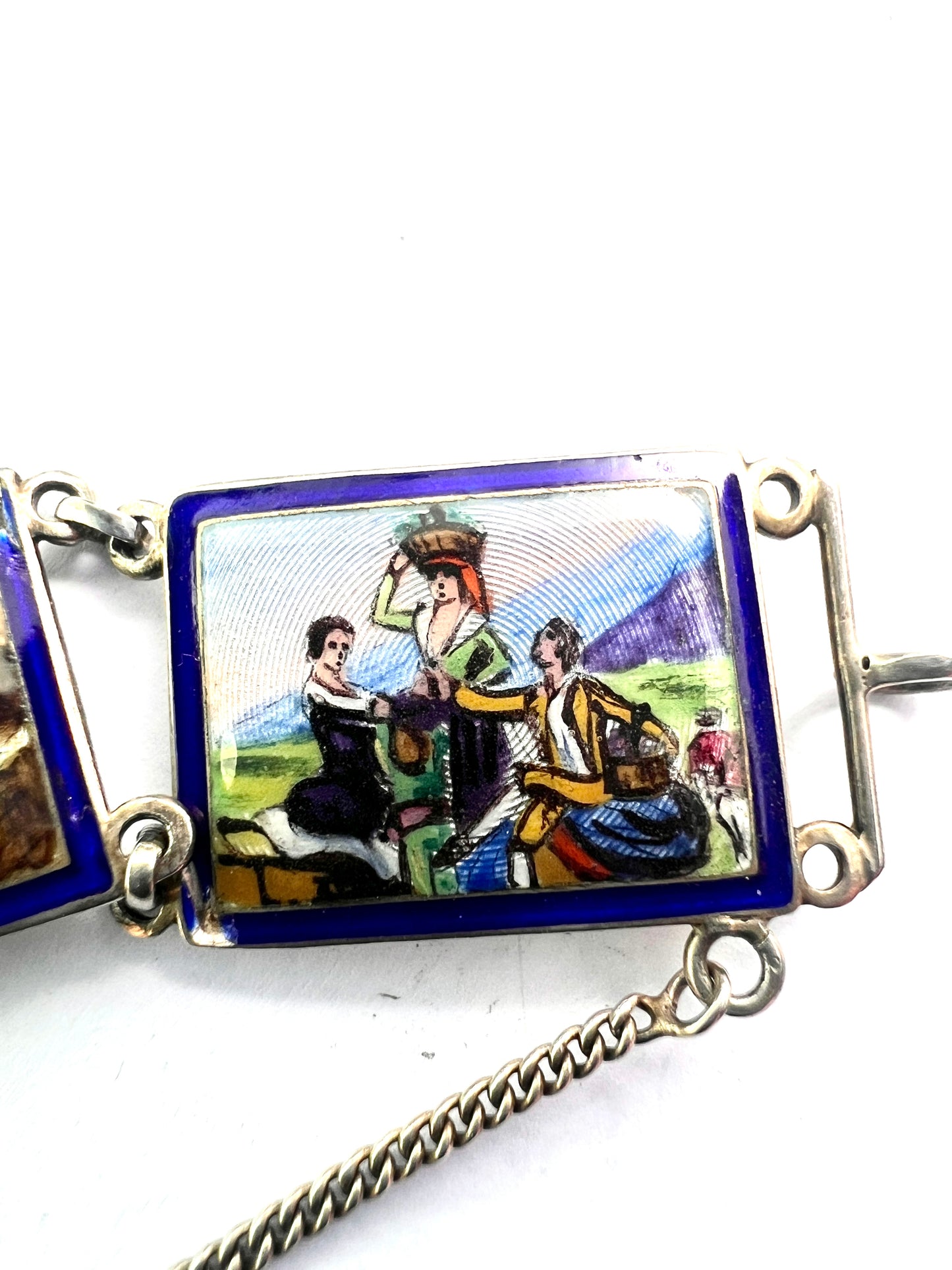 Vintage Hand Painted Enamel Miniature Silver Panel Bracelet