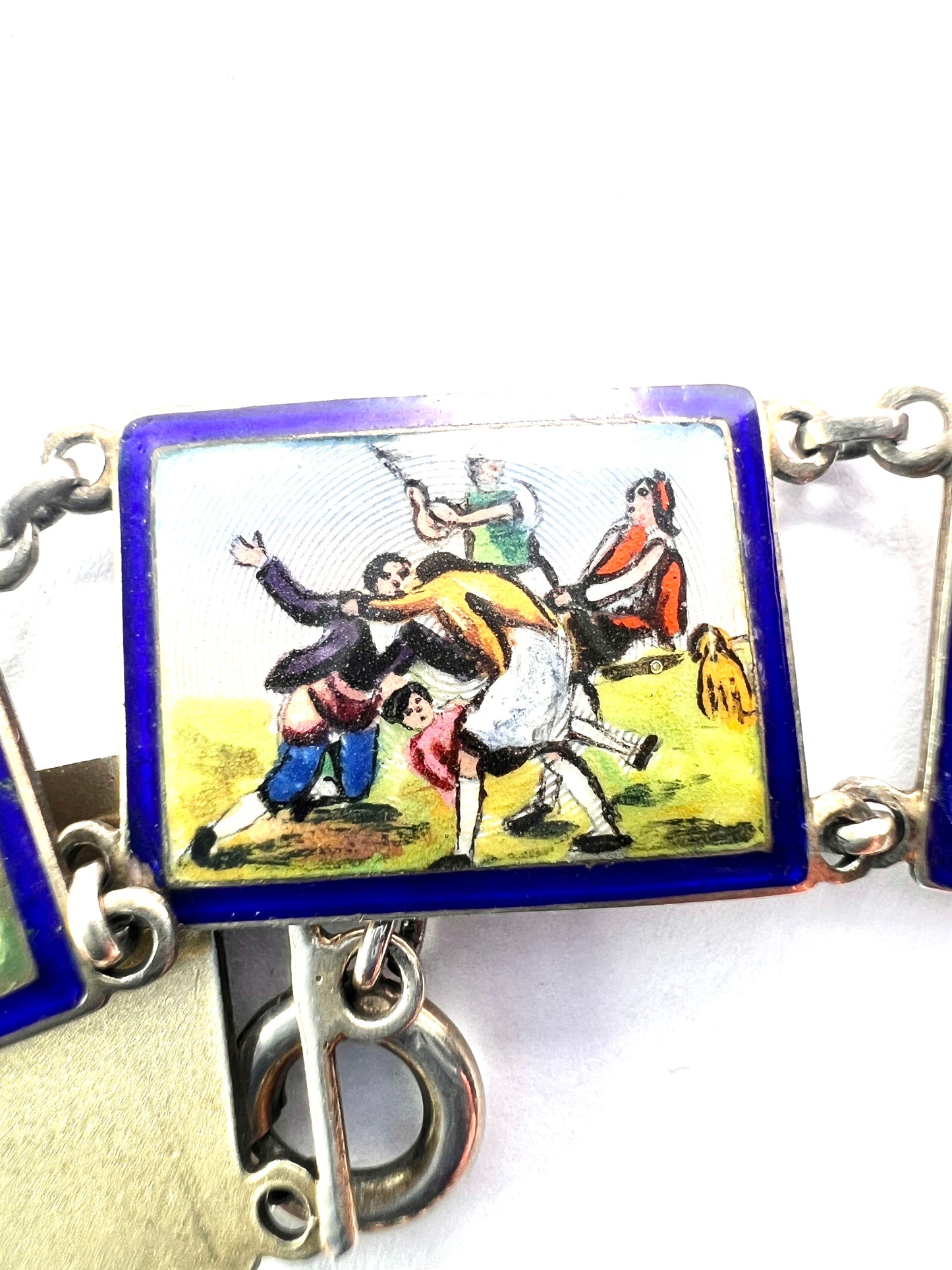Vintage Hand Painted Enamel Miniature Silver Panel Bracelet