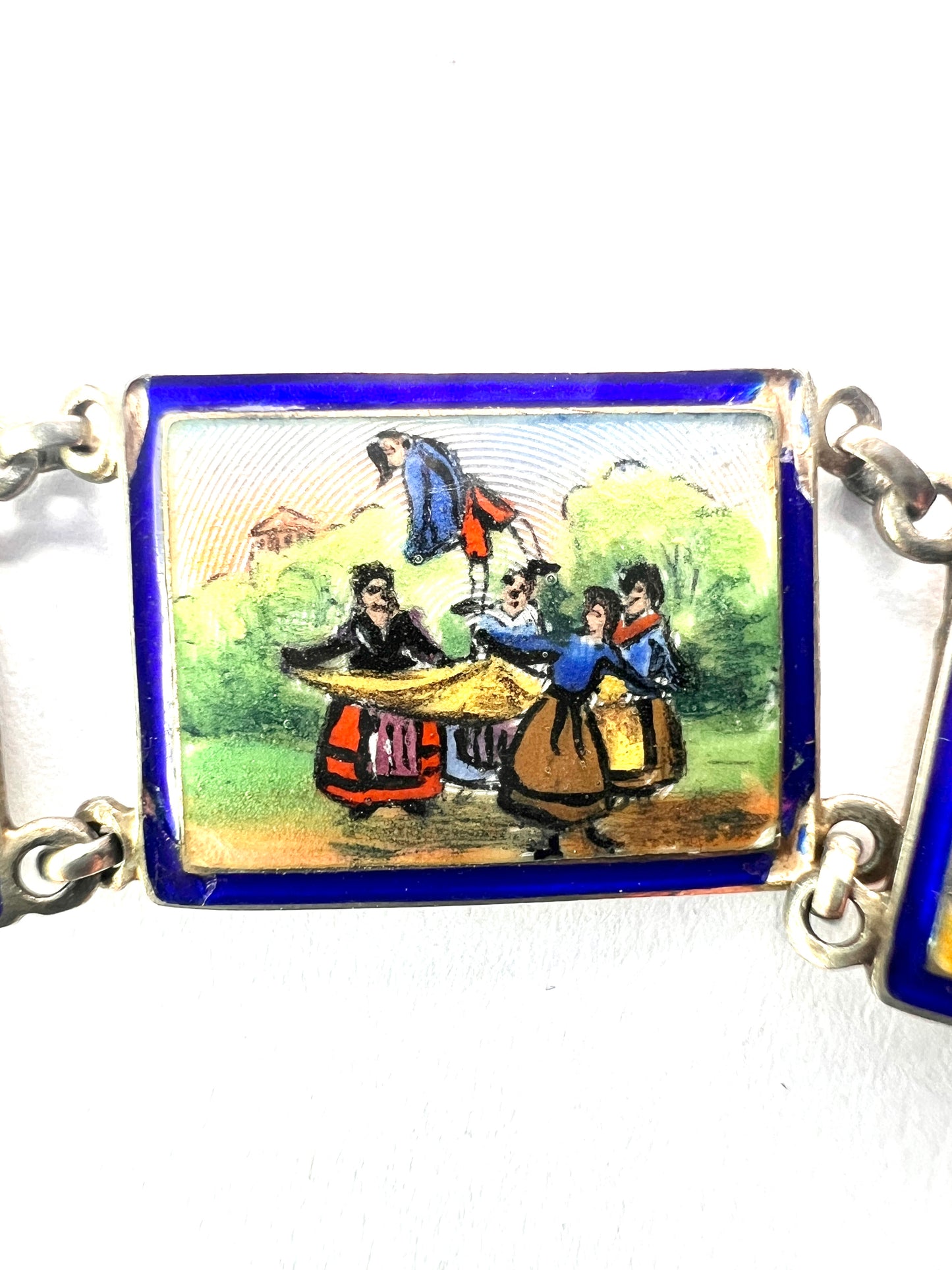 Vintage Hand Painted Enamel Miniature Silver Panel Bracelet