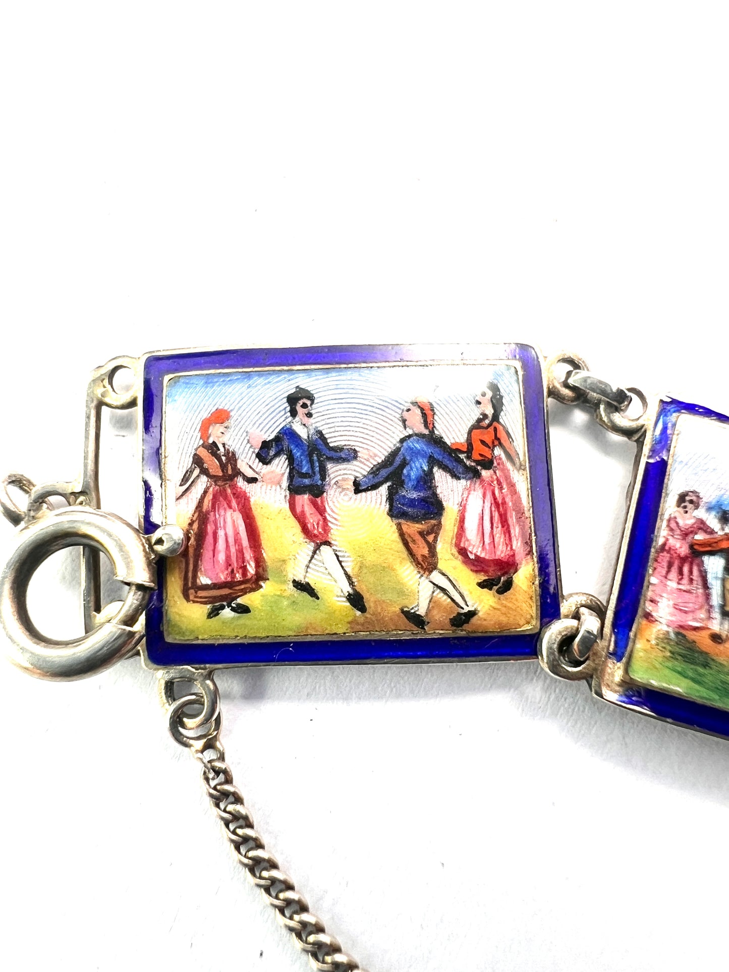 Vintage Hand Painted Enamel Miniature Silver Panel Bracelet