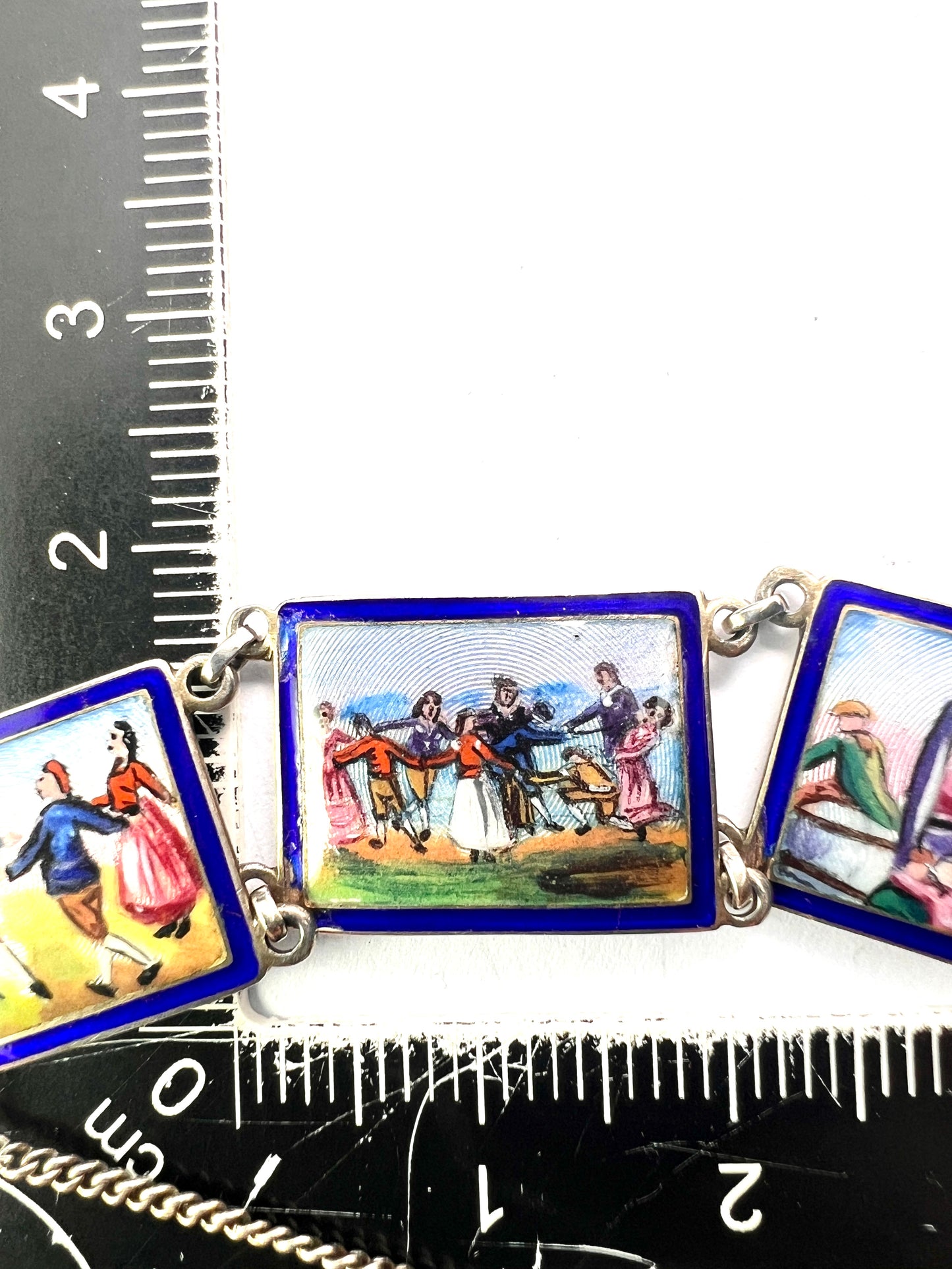 Vintage Hand Painted Enamel Miniature Silver Panel Bracelet