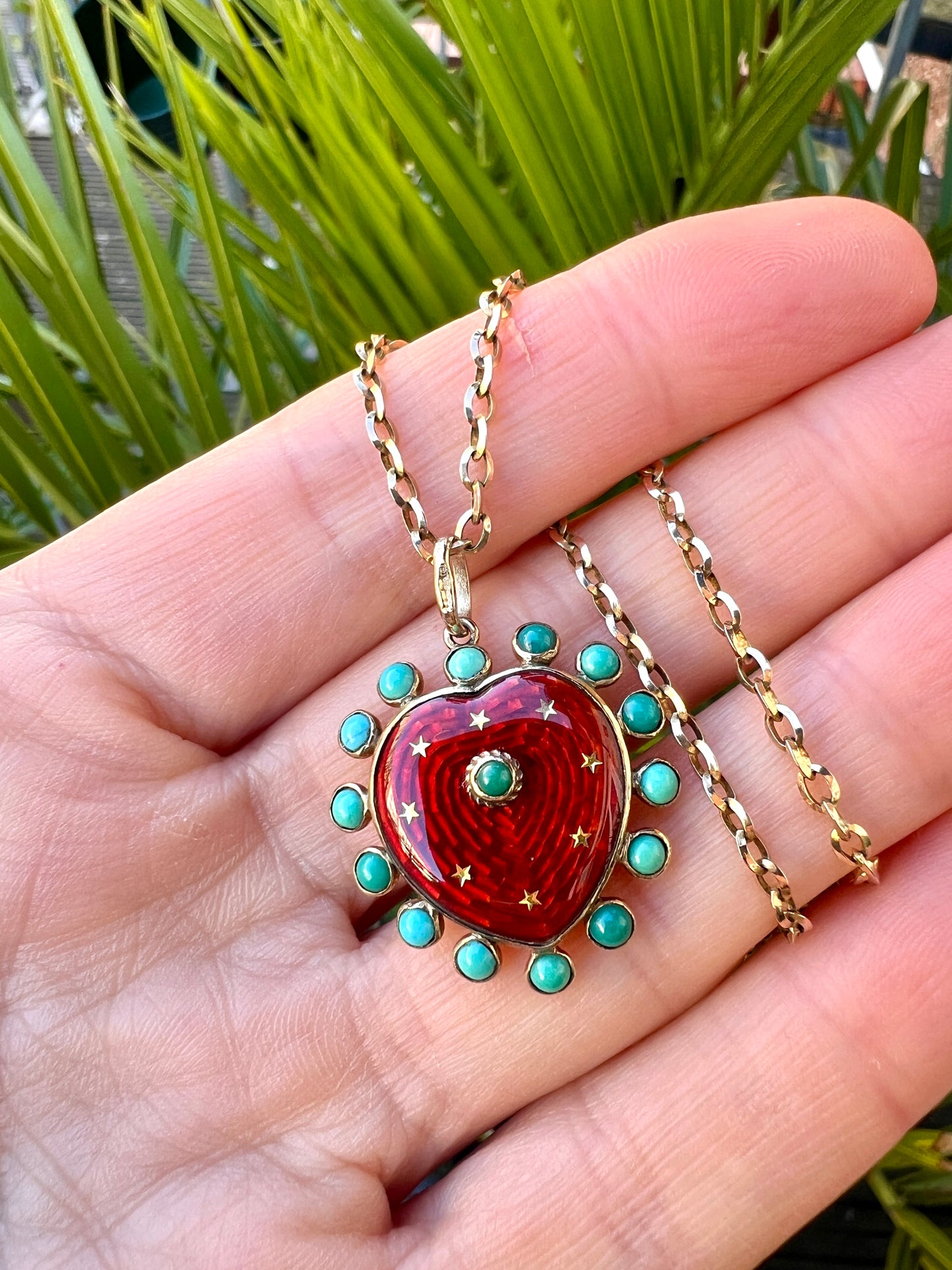 Vintage Turquoise Enamel Heart and Stars Gold Pendant with Chain