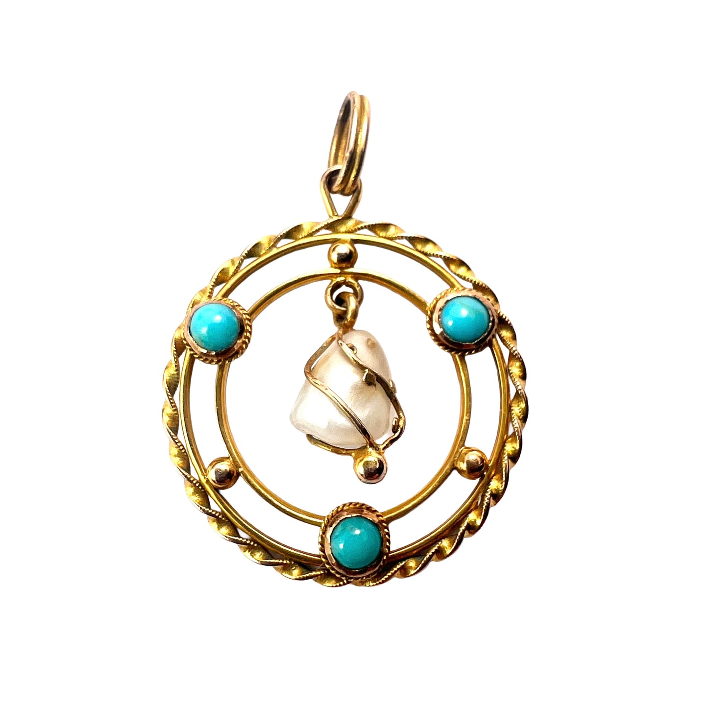 Edwardian Turquoise Pearl 15CT Gold Pendant Necklace