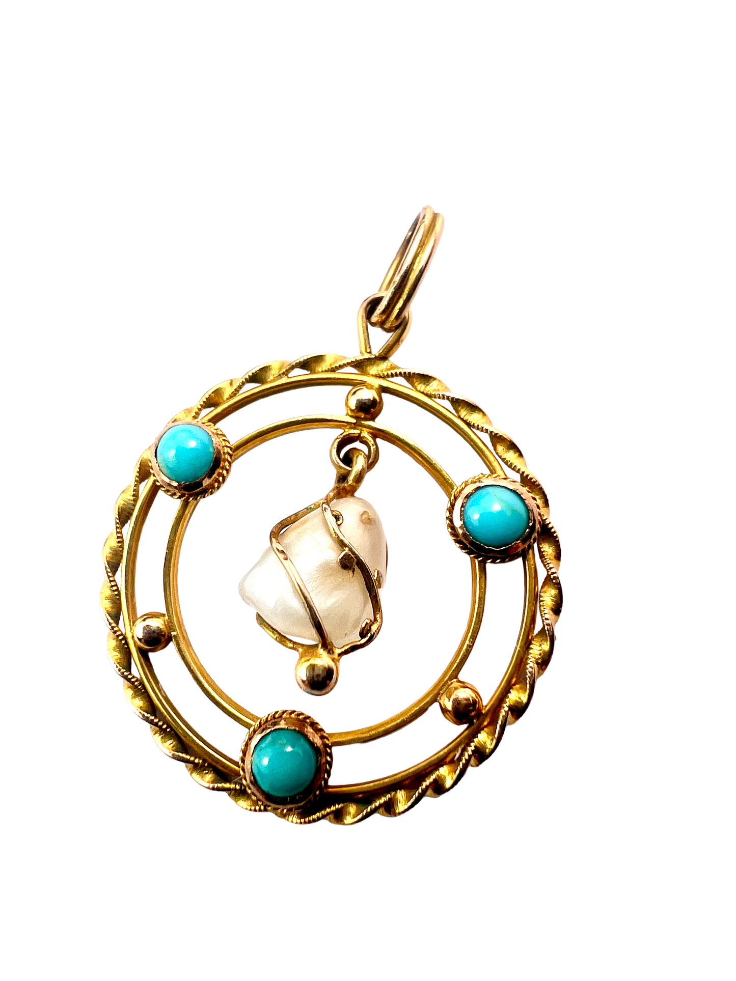 Edwardian Turquoise Pearl 15CT Gold Pendant Necklace