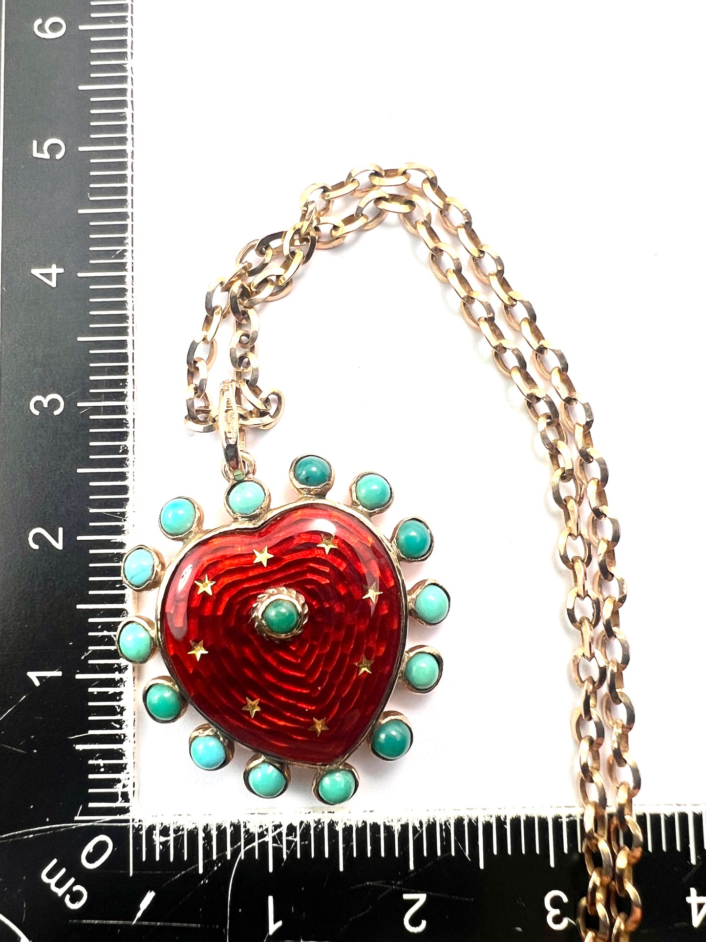Vintage Turquoise Enamel Heart and Stars Gold Pendant with Chain