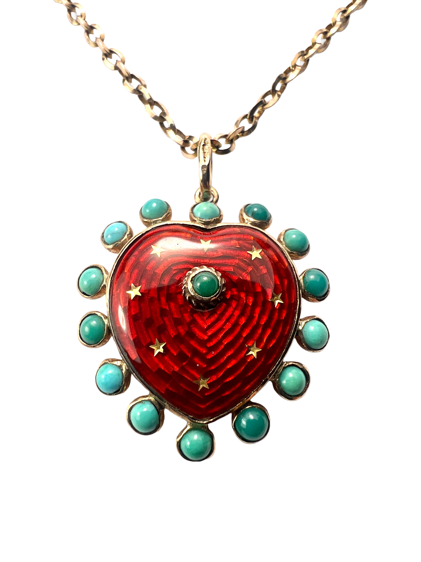 Vintage Turquoise Enamel Heart and Stars Gold Pendant with Chain