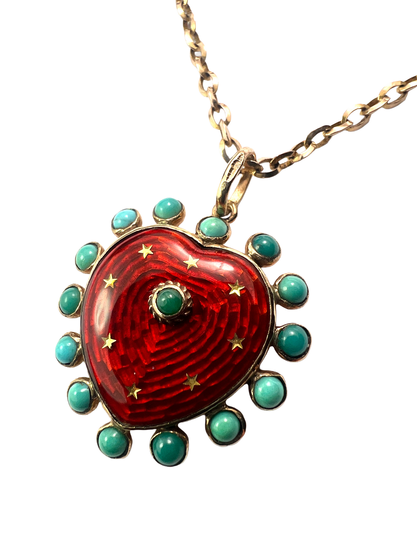 Vintage Turquoise Enamel Heart and Stars Gold Pendant with Chain