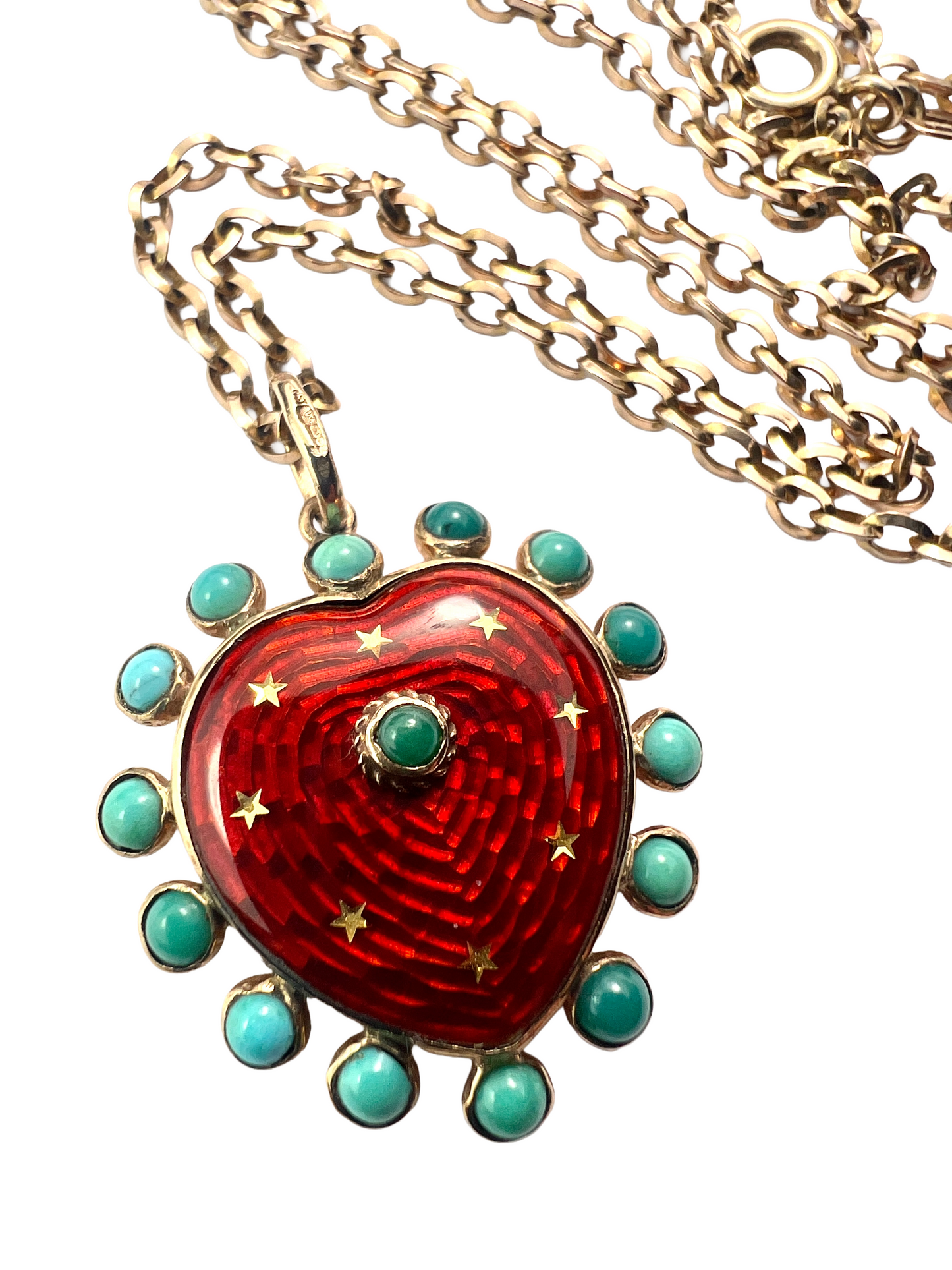 Vintage Turquoise Enamel Heart and Stars Gold Pendant with Chain