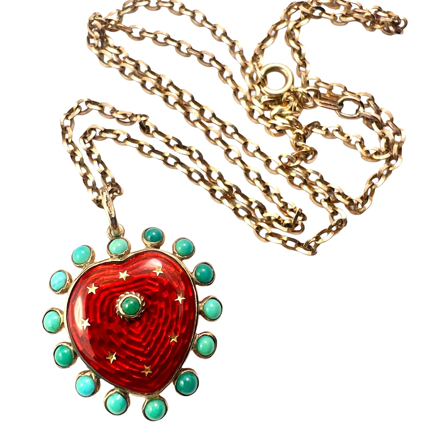 Vintage Turquoise Enamel Heart and Stars Gold Pendant with Chain