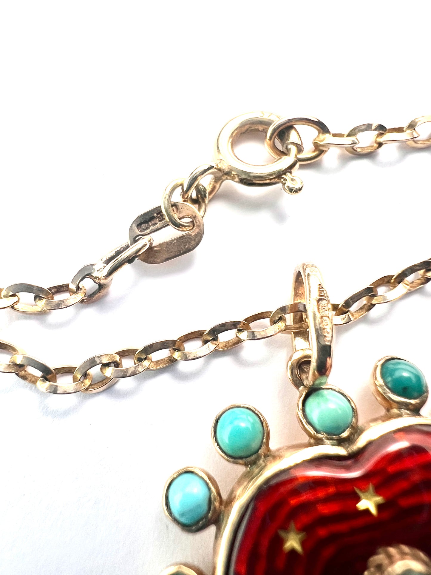 Vintage Turquoise Enamel Heart and Stars Gold Pendant with Chain
