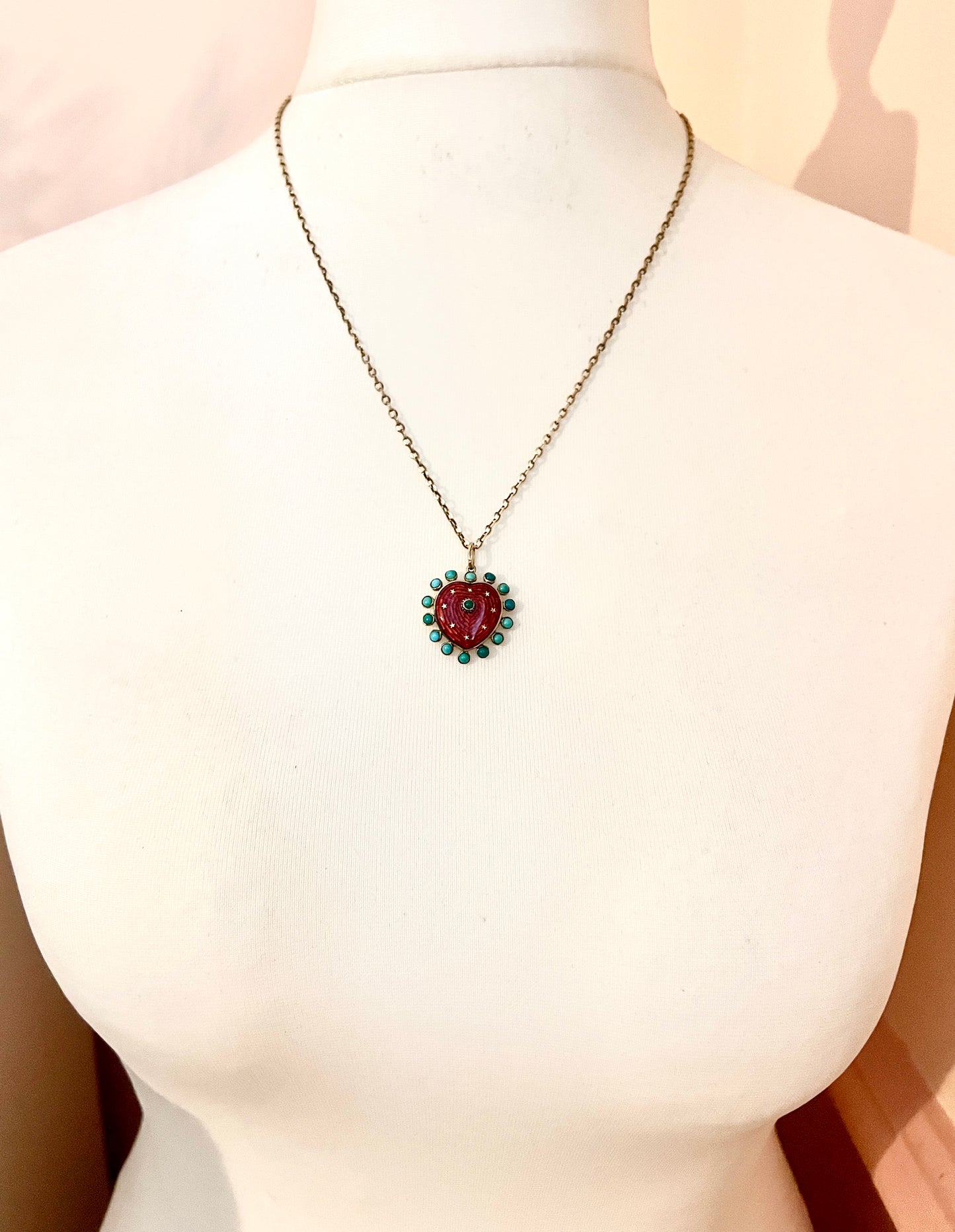 Vintage Turquoise Enamel Heart and Stars Gold Pendant with Chain