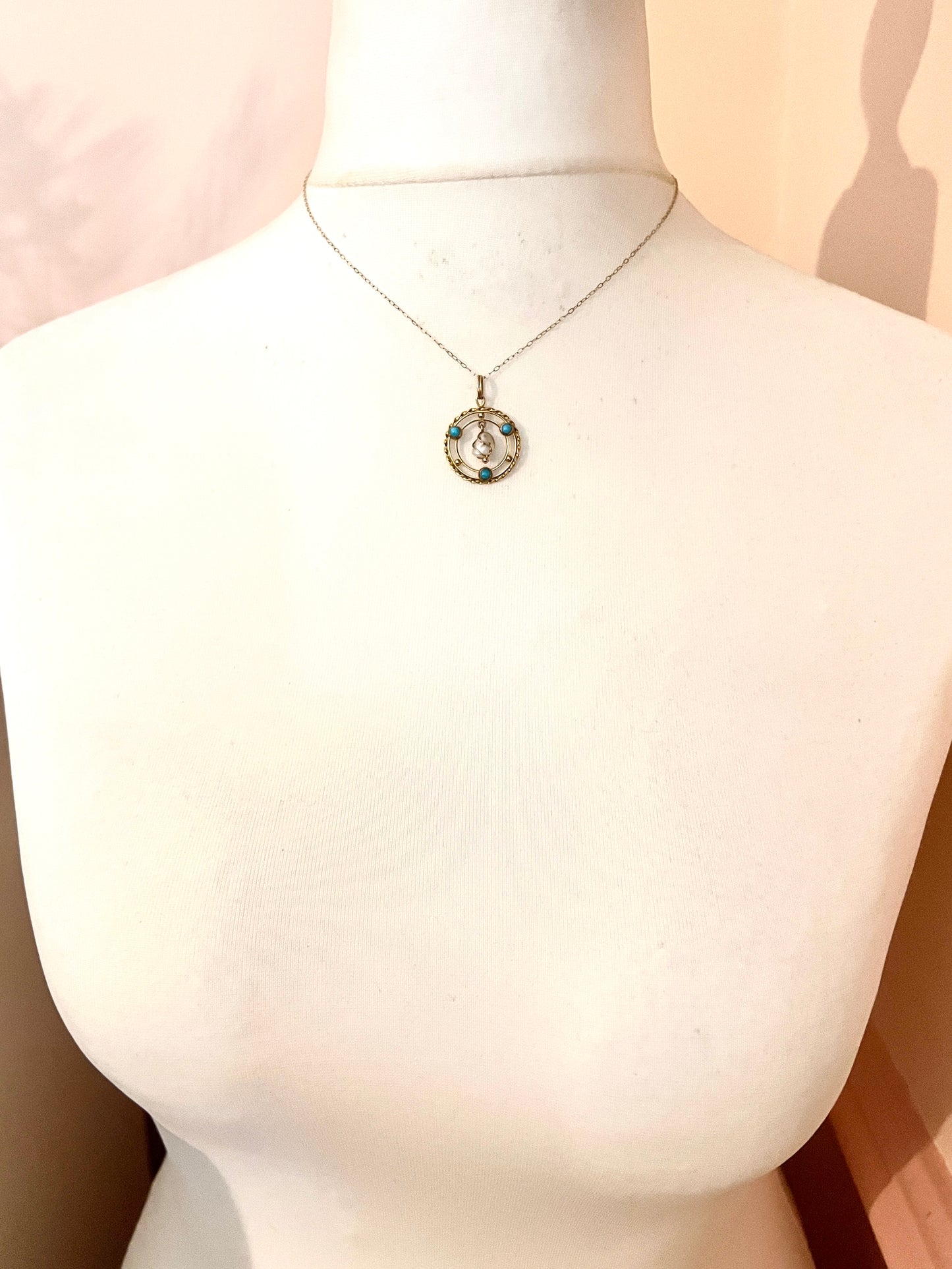 Edwardian Turquoise Pearl 15CT Gold Pendant Necklace