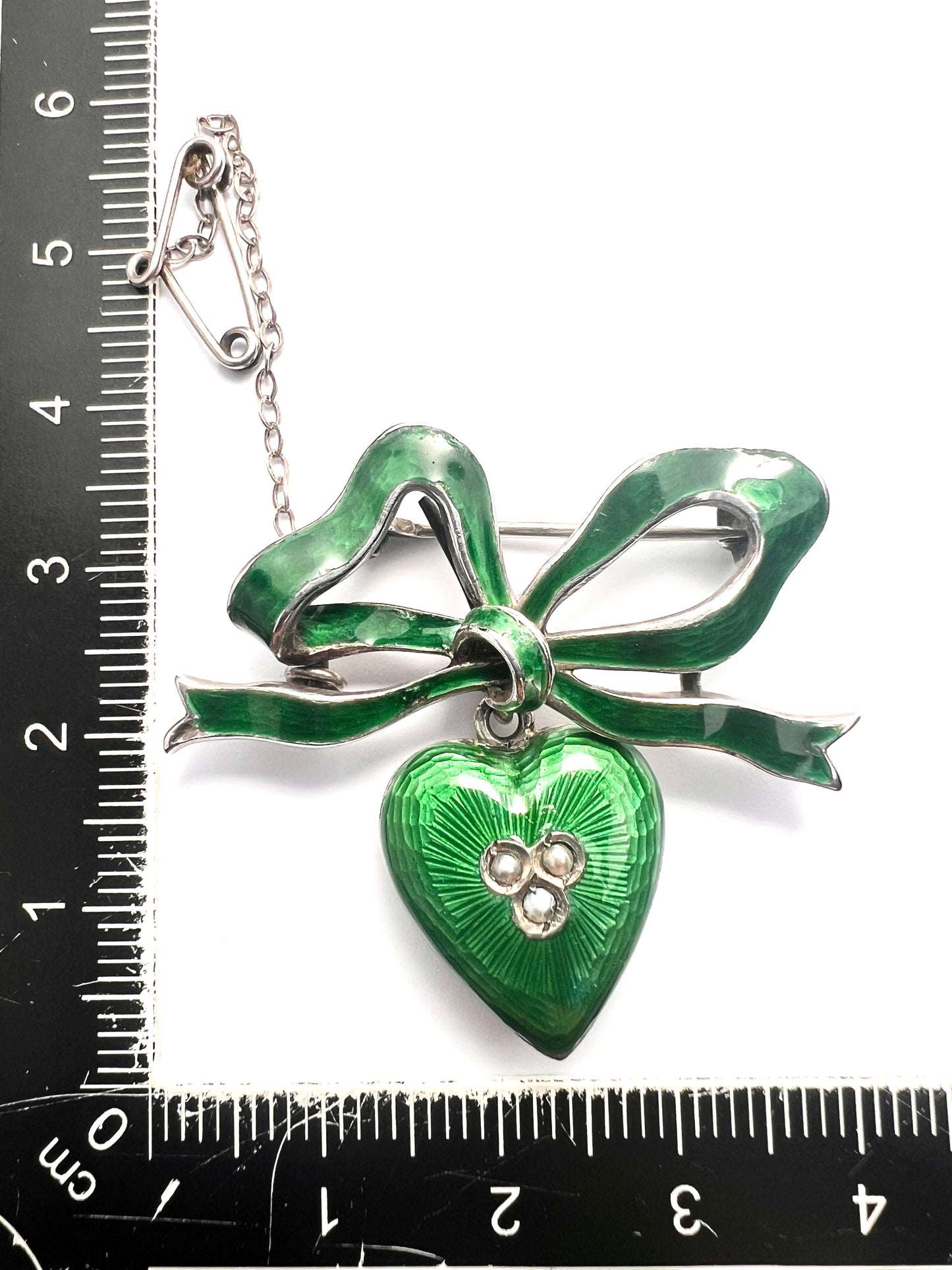 Antique Green Enamel Silver Heart and Bow Brooch