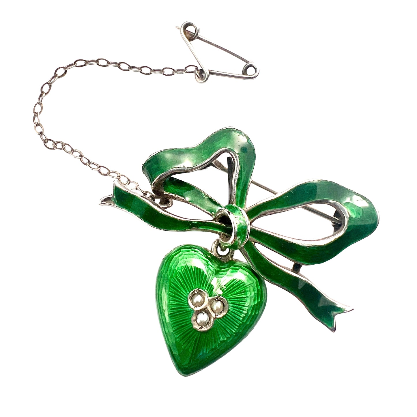 Antique Green Enamel Silver Heart and Bow Brooch