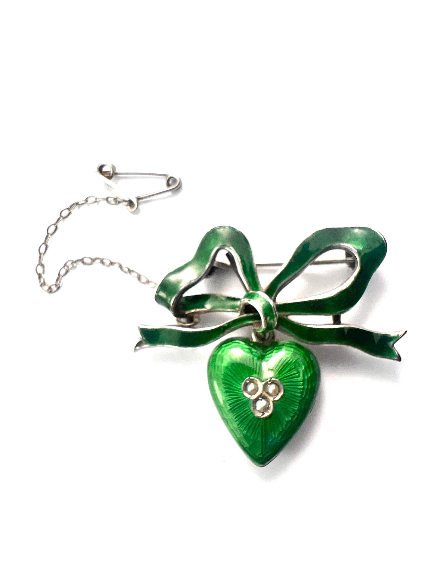 Antique Green Enamel Silver Heart and Bow Brooch