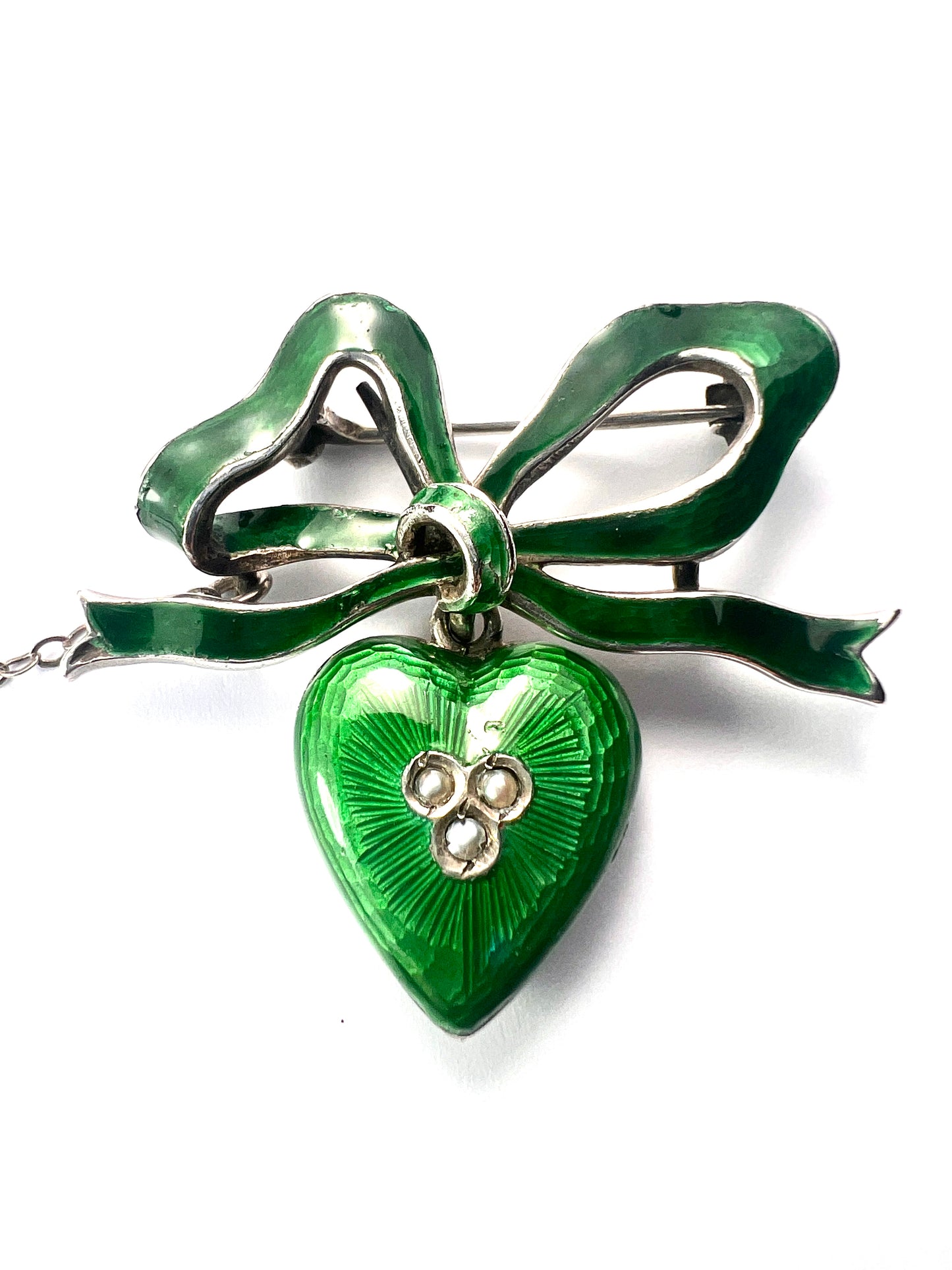 Antique Green Enamel Silver Heart and Bow Brooch