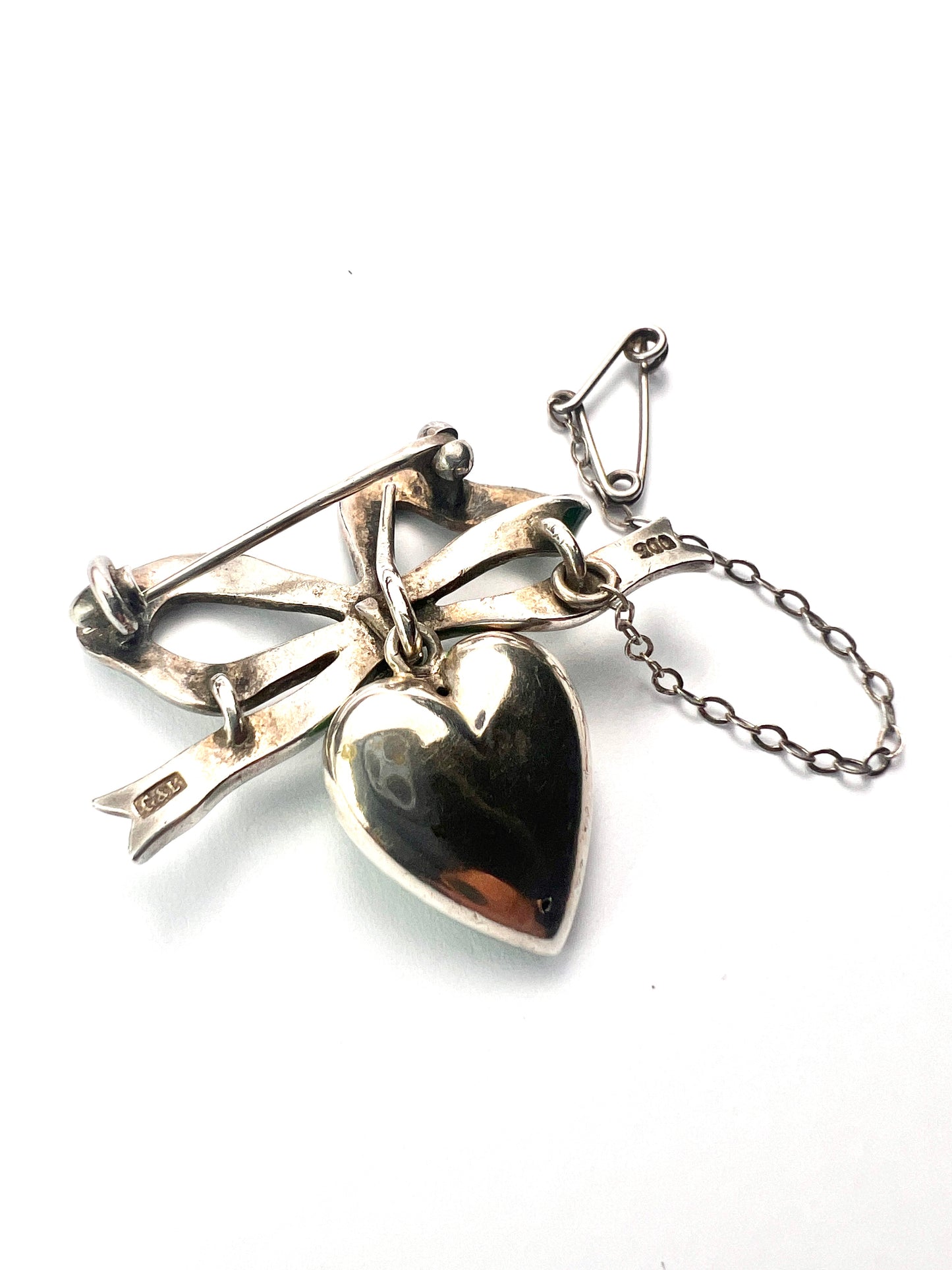 Antique Green Enamel Silver Heart and Bow Brooch