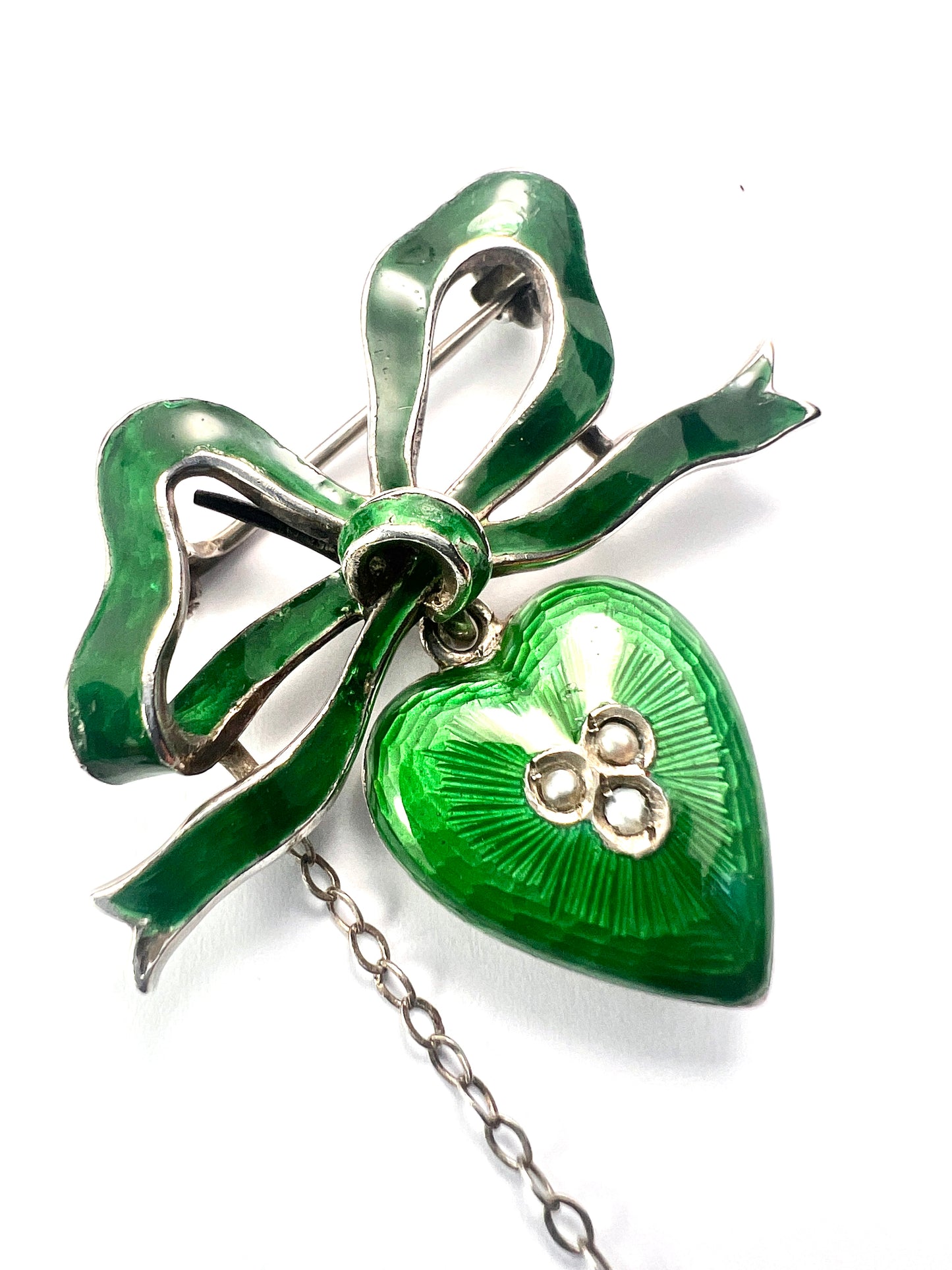 Antique Green Enamel Silver Heart and Bow Brooch
