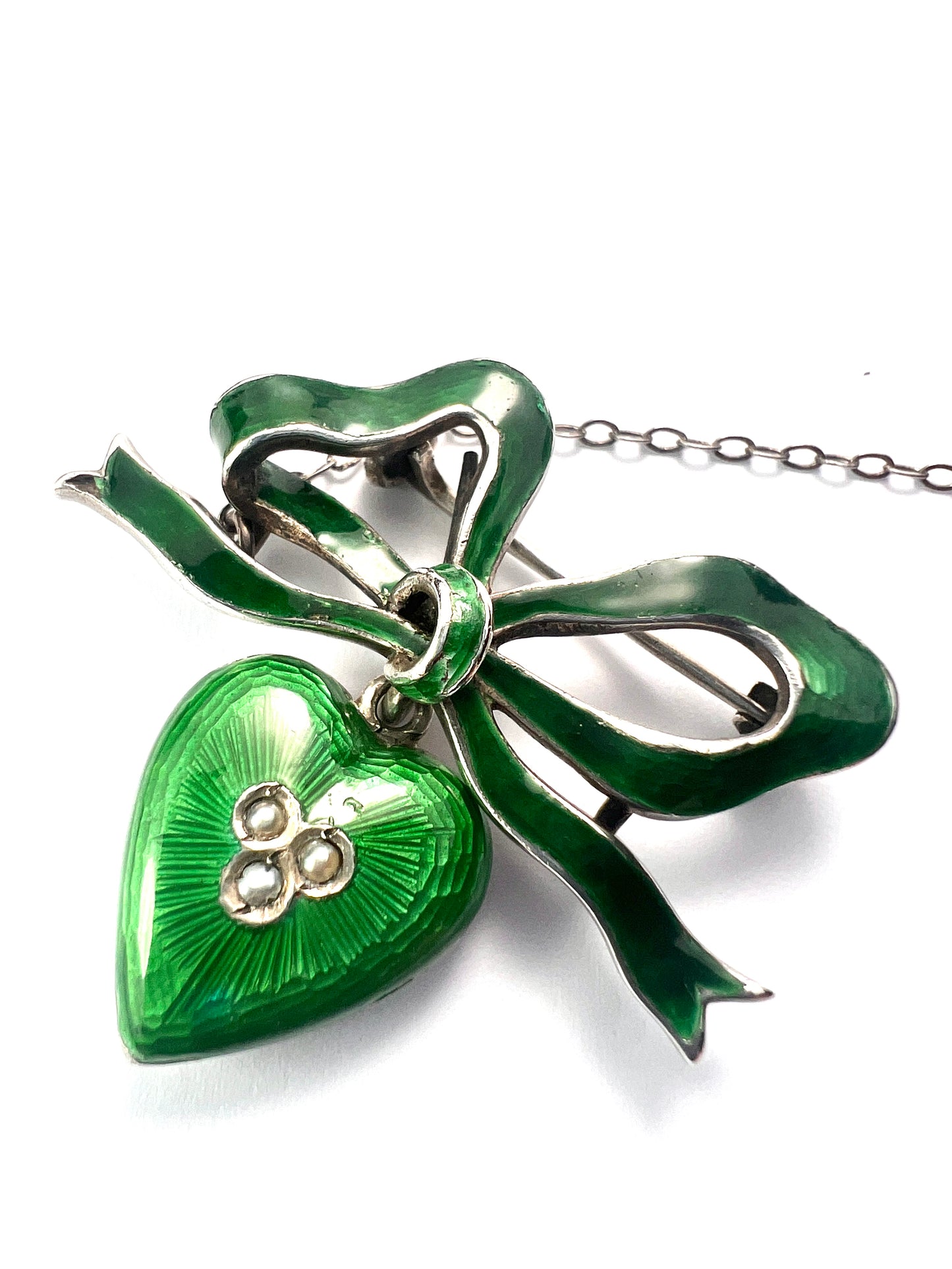 Antique Green Enamel Silver Heart and Bow Brooch