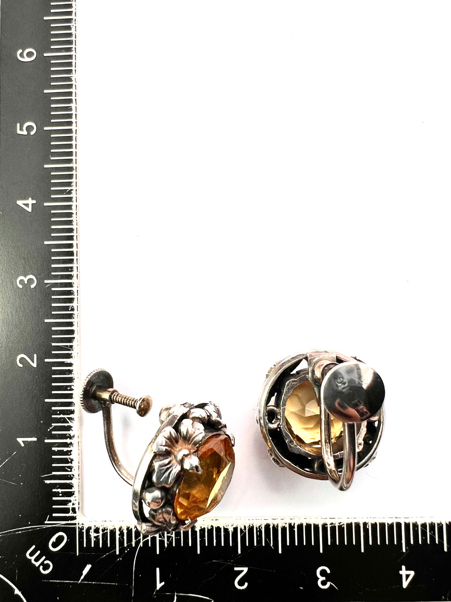 Arts and Crafts Citrine Silver Flower Screwback Earrings
