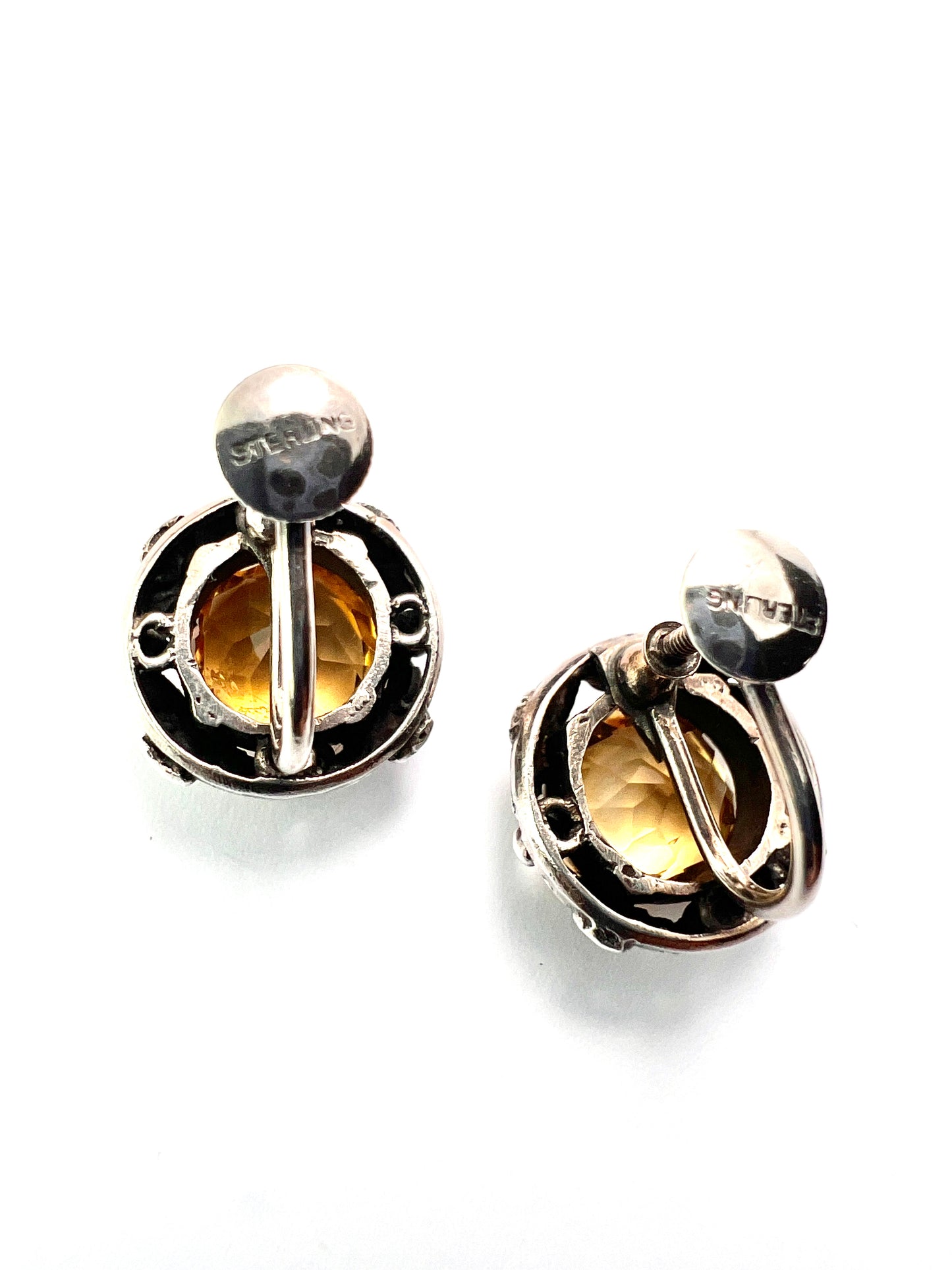 Arts and Crafts Citrine Silver Flower Screwback Earrings