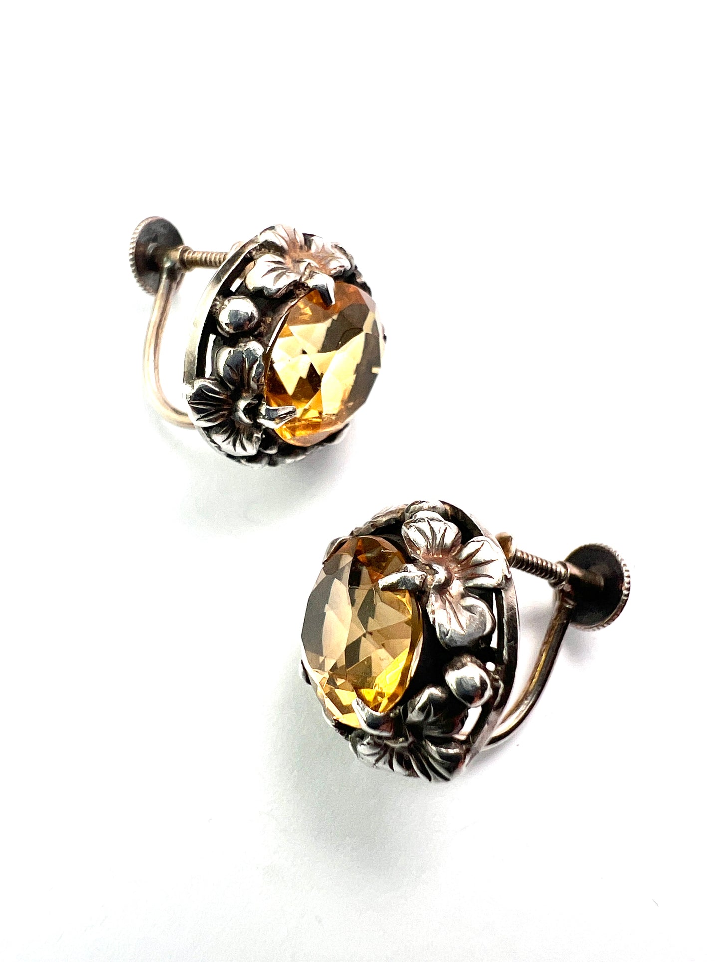 Arts and Crafts Citrine Silver Flower Screwback Earrings