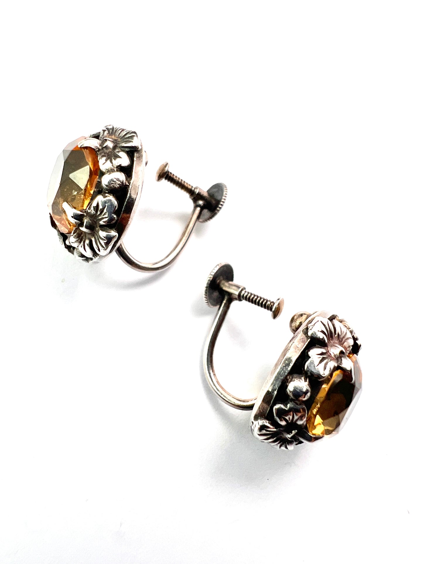 Arts and Crafts Citrine Silver Flower Screwback Earrings