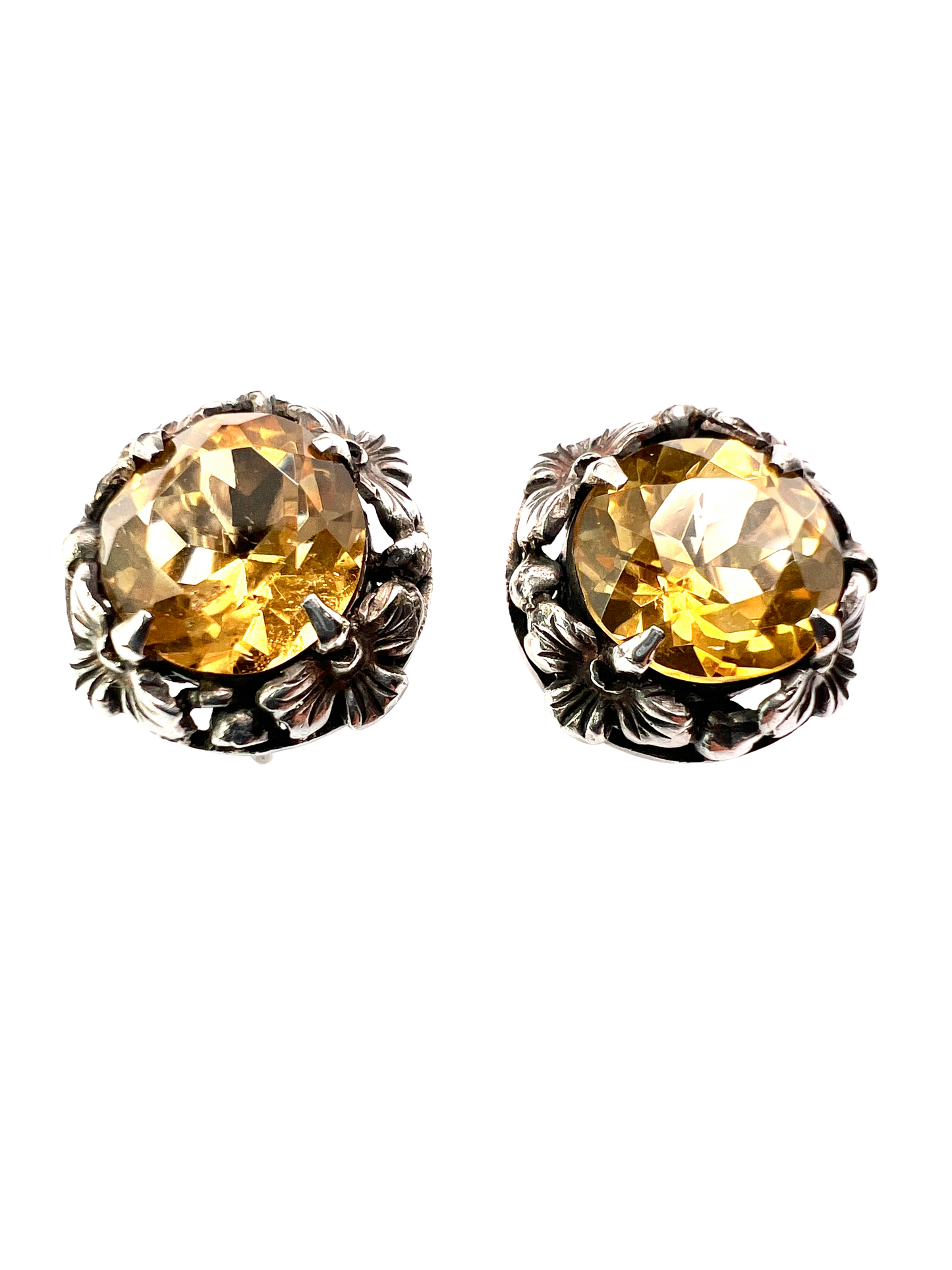 Arts and Crafts Citrine Silver Flower Screwback Earrings