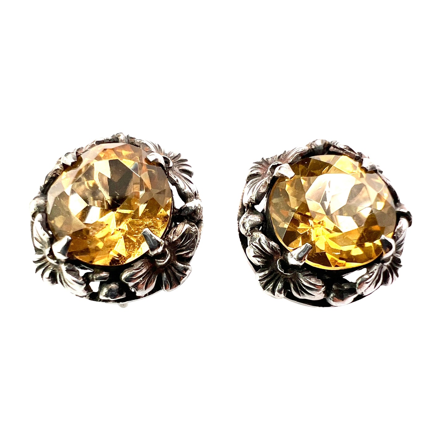 Arts and Crafts Citrine Silver Flower Screwback Earrings