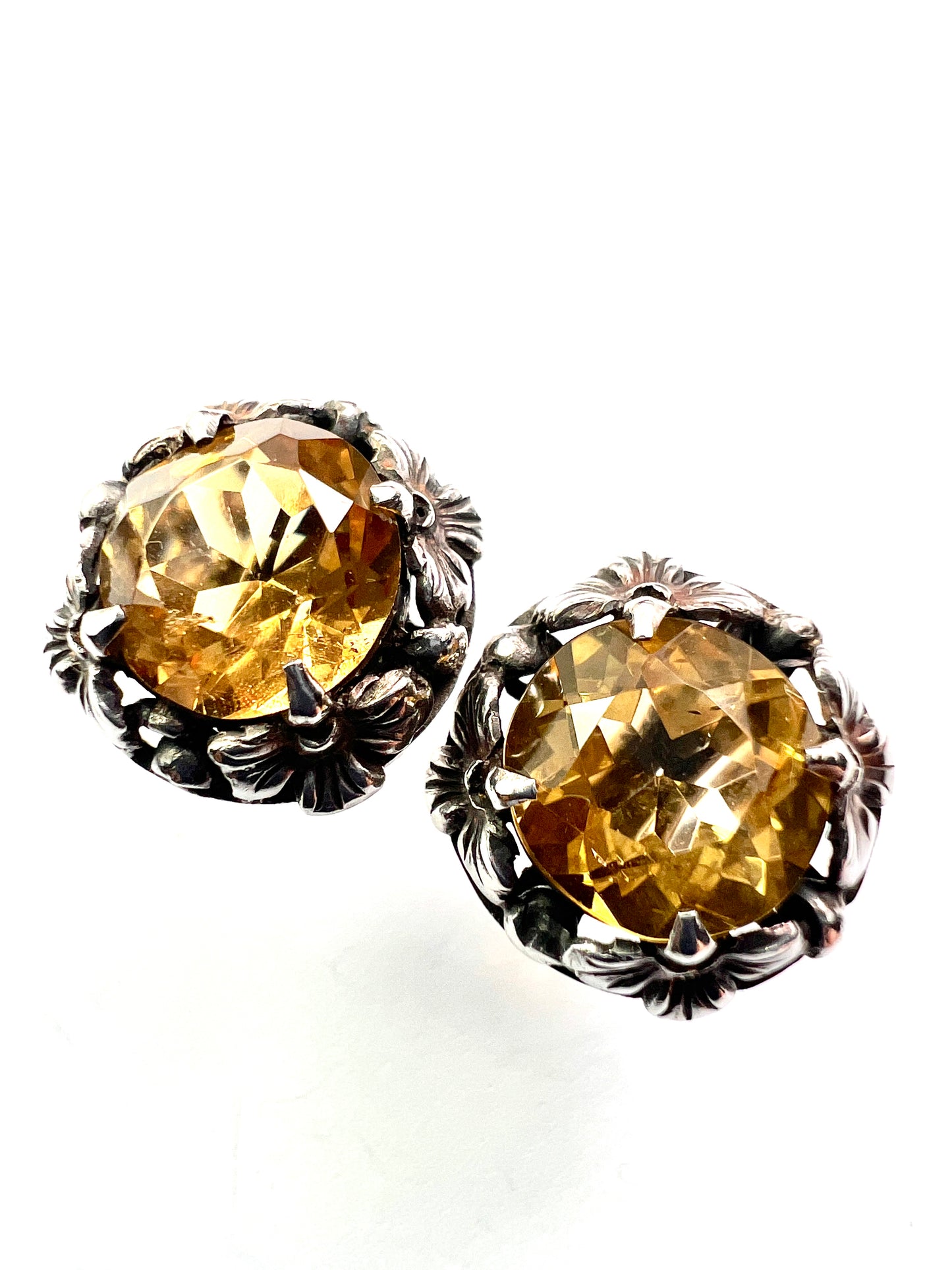 Arts and Crafts Citrine Silver Flower Screwback Earrings