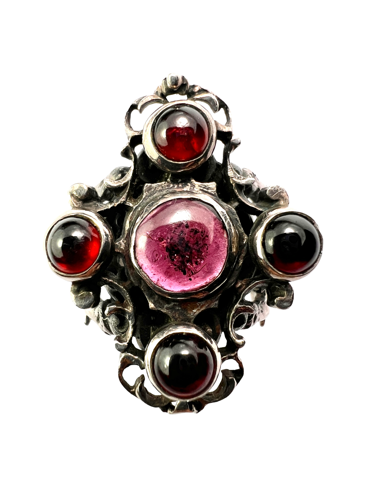 Vintage Austro Hungarian Style Garnet Silver Cherub Ring