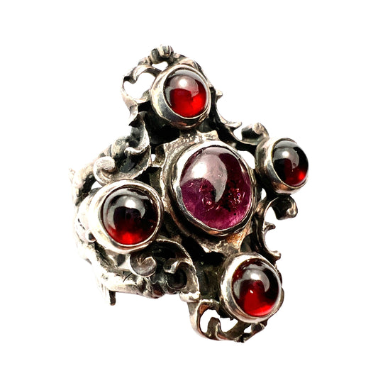 Vintage Austro Hungarian Style Garnet Silver Cherub Ring