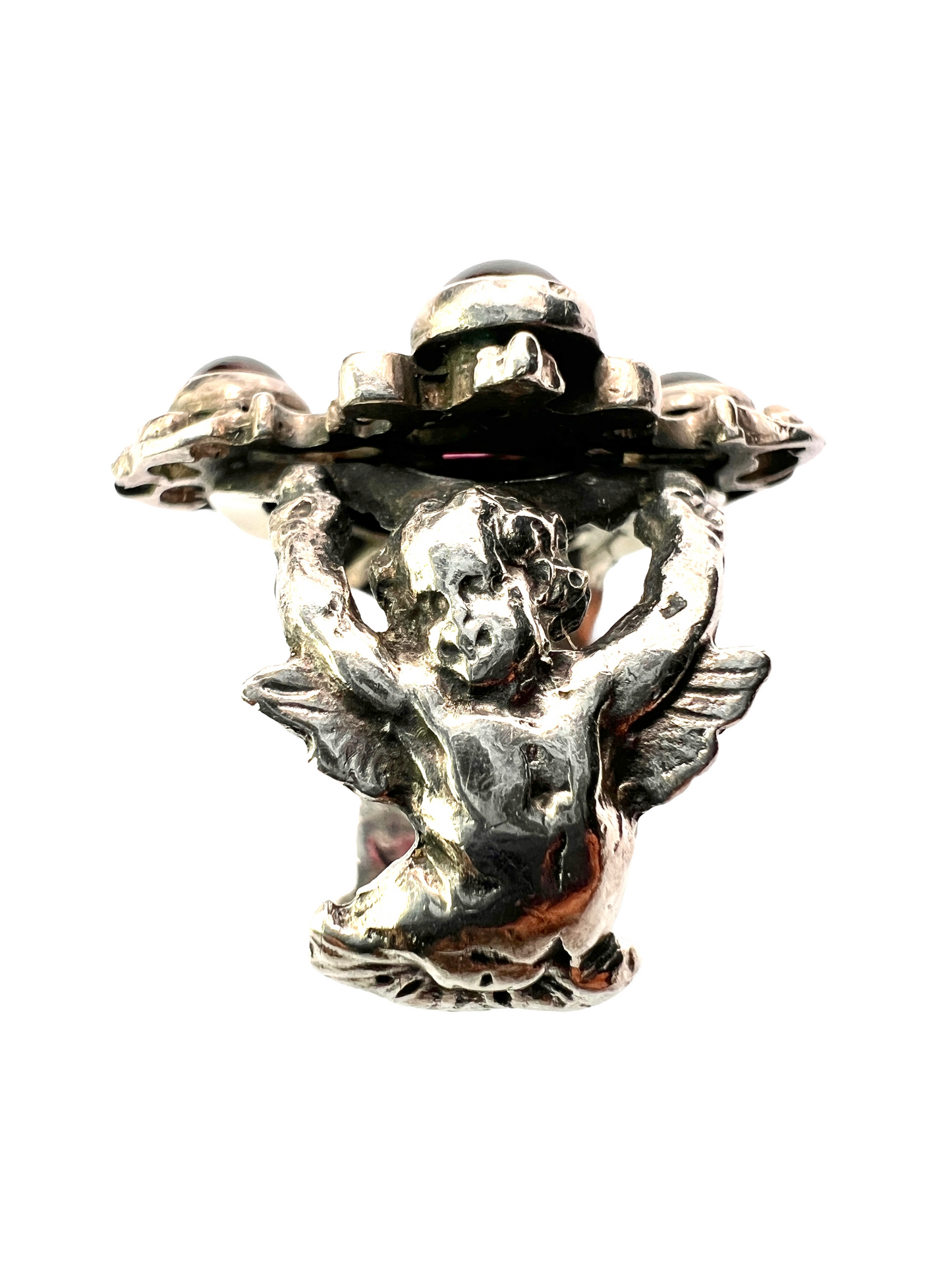 Vintage Austro Hungarian Style Garnet Silver Cherub Ring