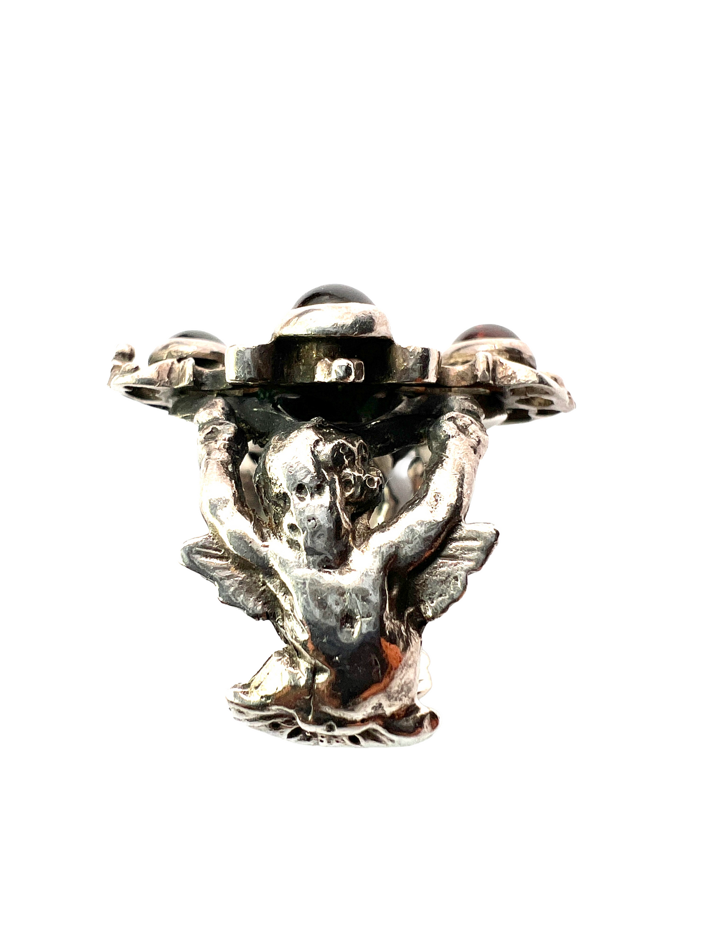 Vintage Austro Hungarian Style Garnet Silver Cherub Ring