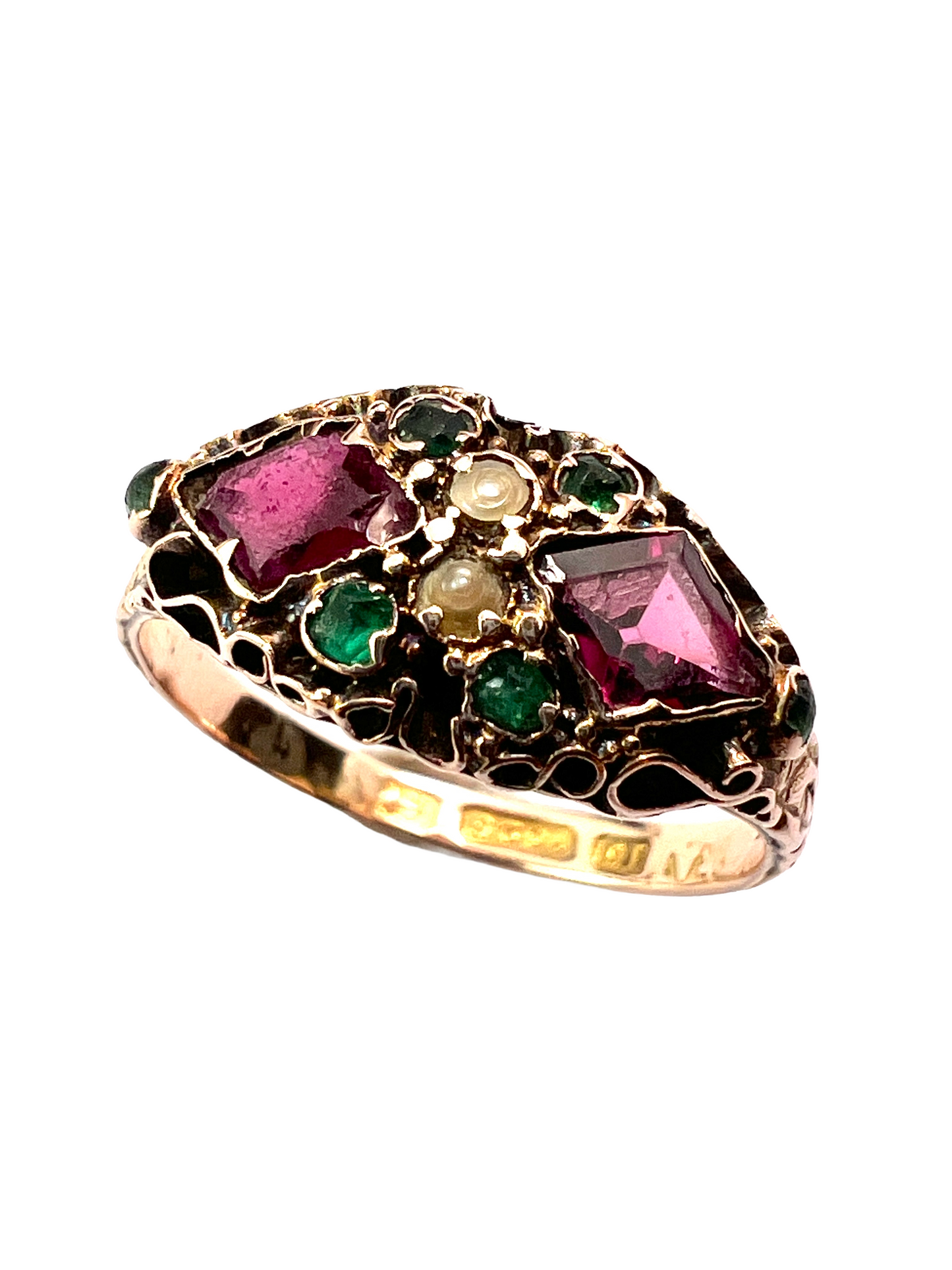 Victorian 15CT Gold Garnet and Pearl Ring