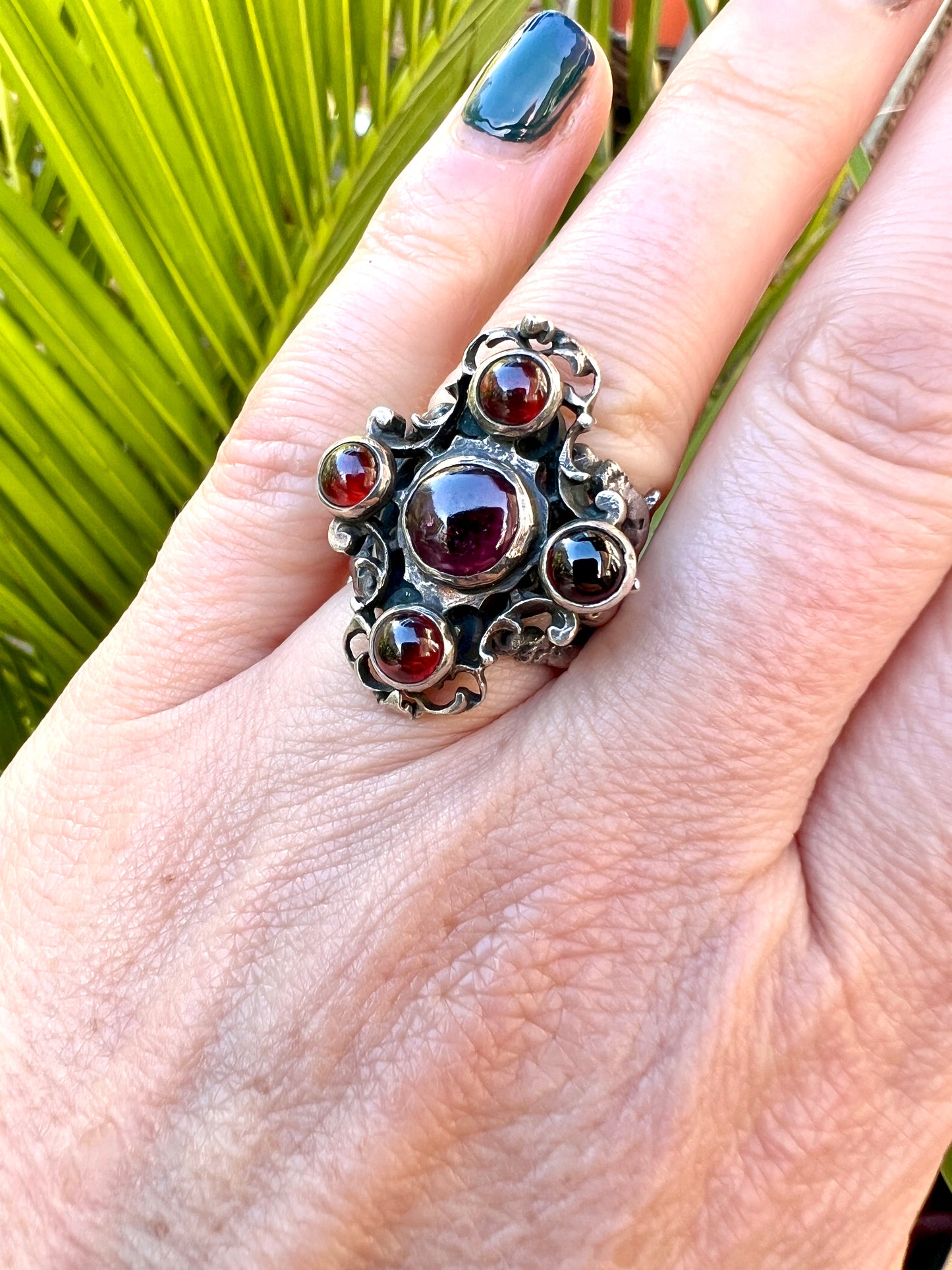 Vintage Austro Hungarian Style Garnet Silver Cherub Ring