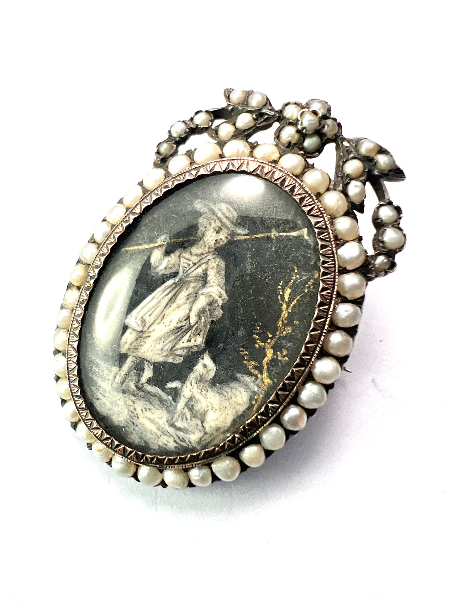 Georgian Silver and Pearl Hand Painted Miniature Brooch