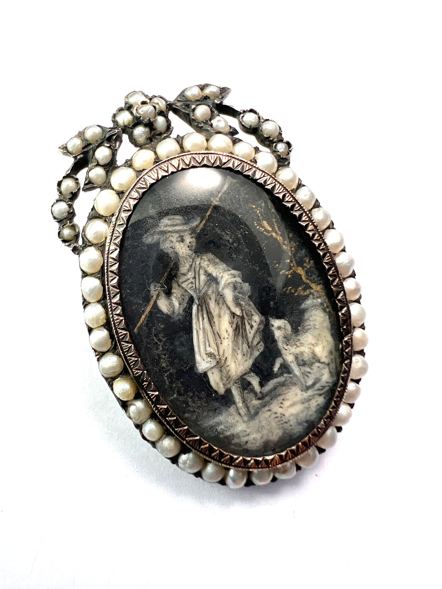Georgian Silver and Pearl Hand Painted Miniature Brooch