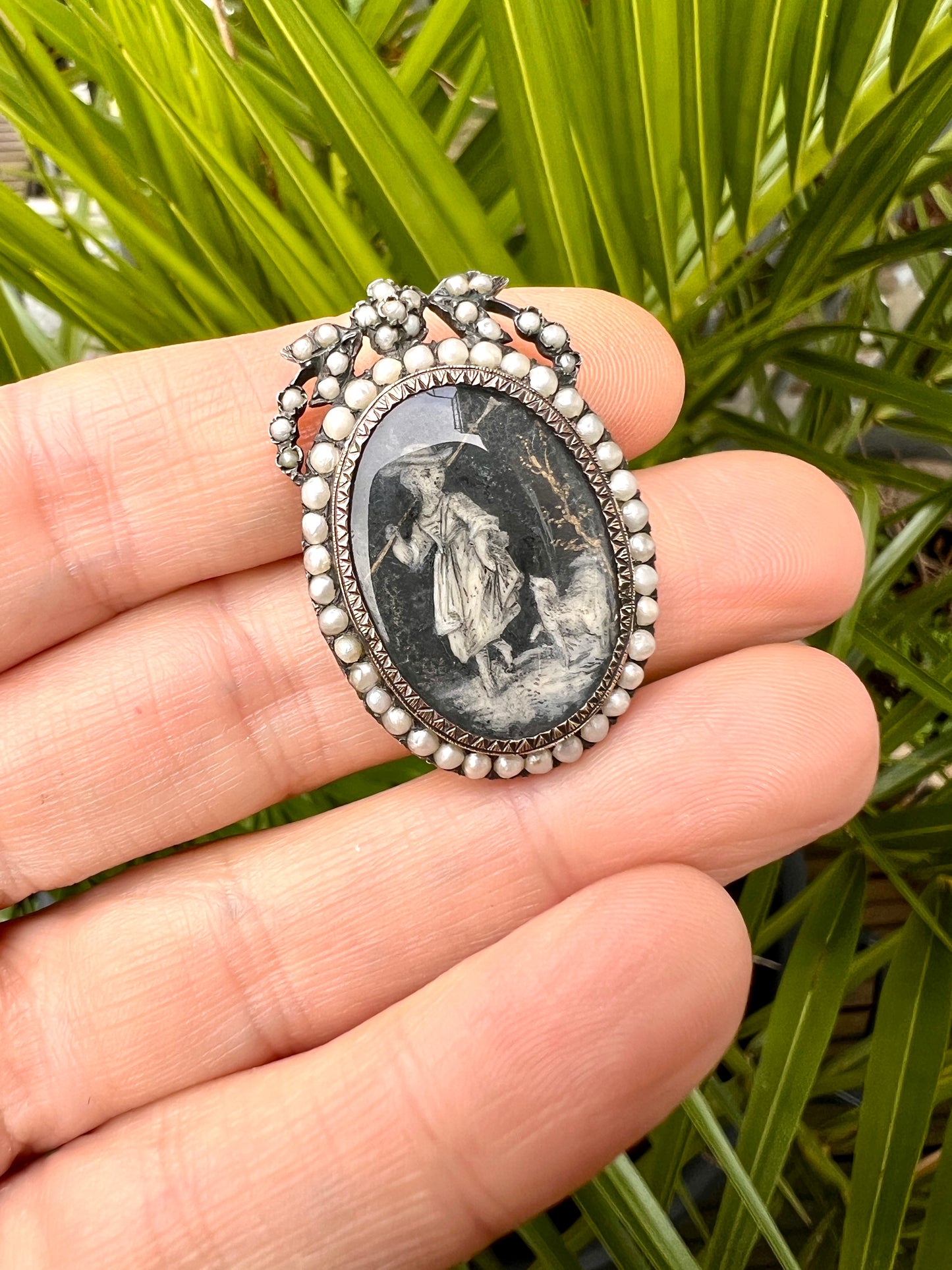 Georgian Silver and Pearl Hand Painted Miniature Brooch