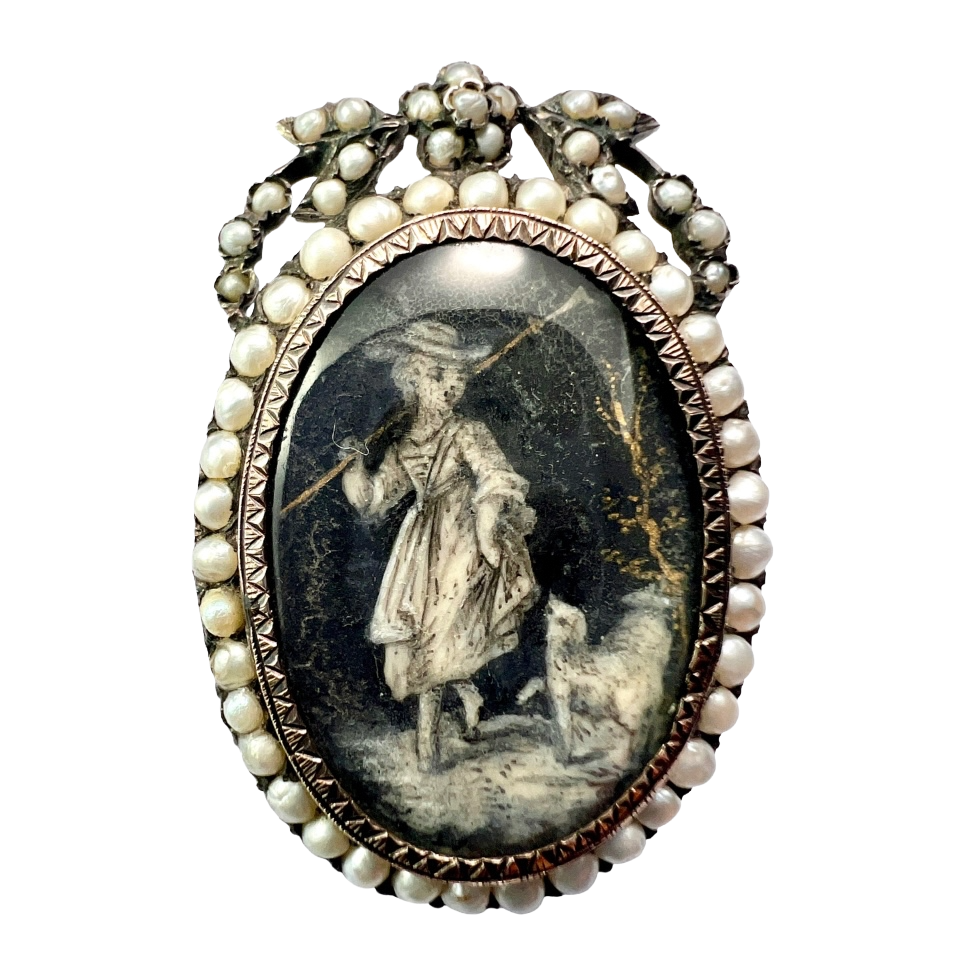 Georgian Silver and Pearl Hand Painted Miniature Brooch