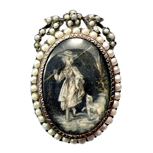 Georgian Silver and Pearl Hand Painted Miniature Brooch