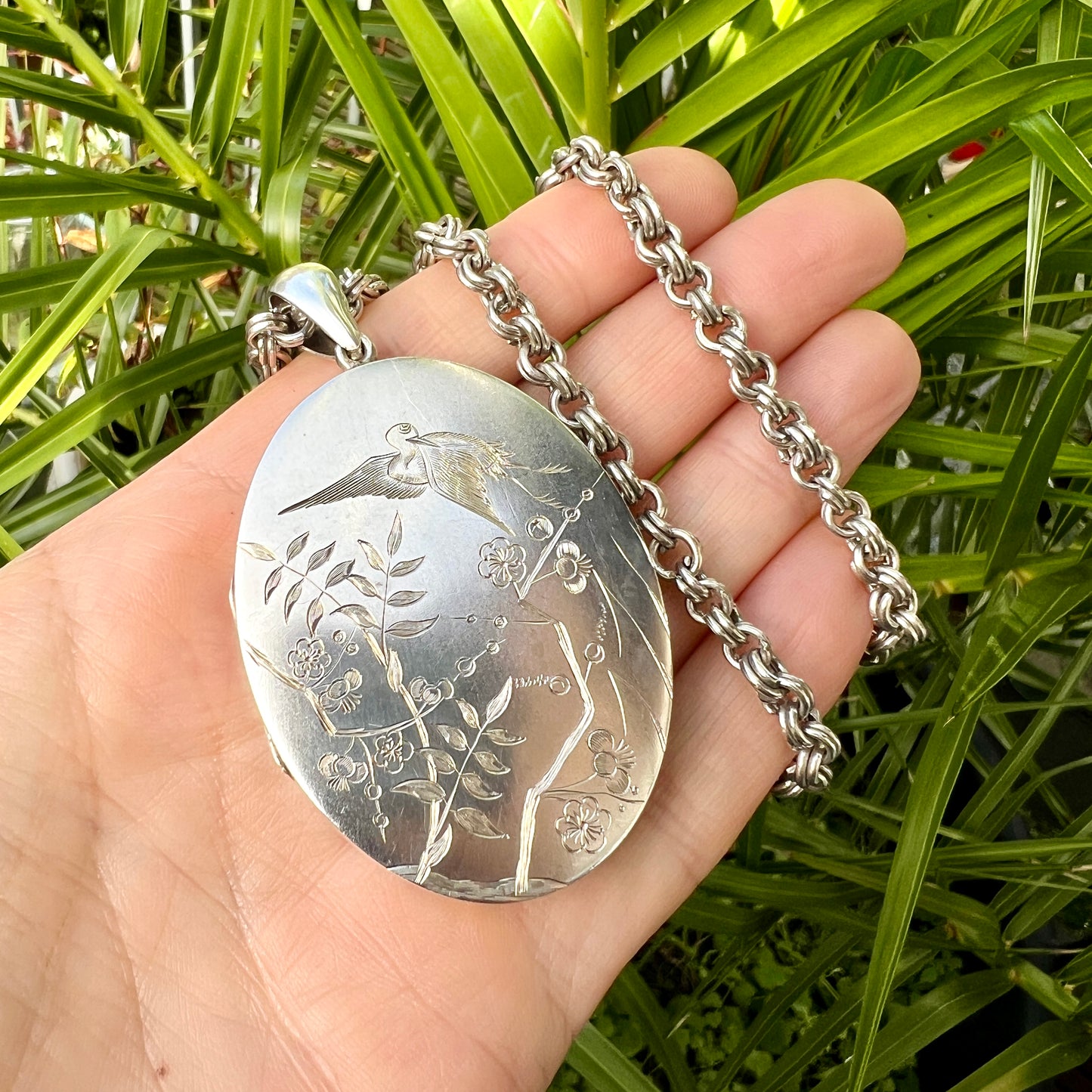 Huge Antique Silver Crane and Blossom Locket Book Chain Necklace