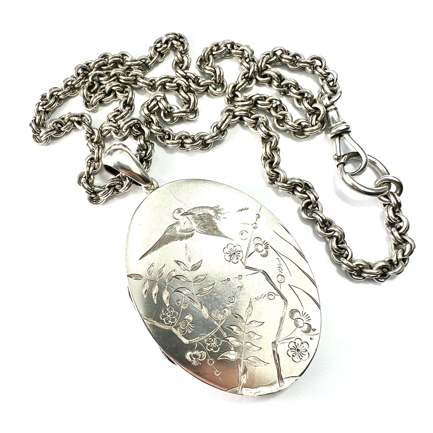Huge Antique Silver Crane and Blossom Locket Book Chain Necklace
